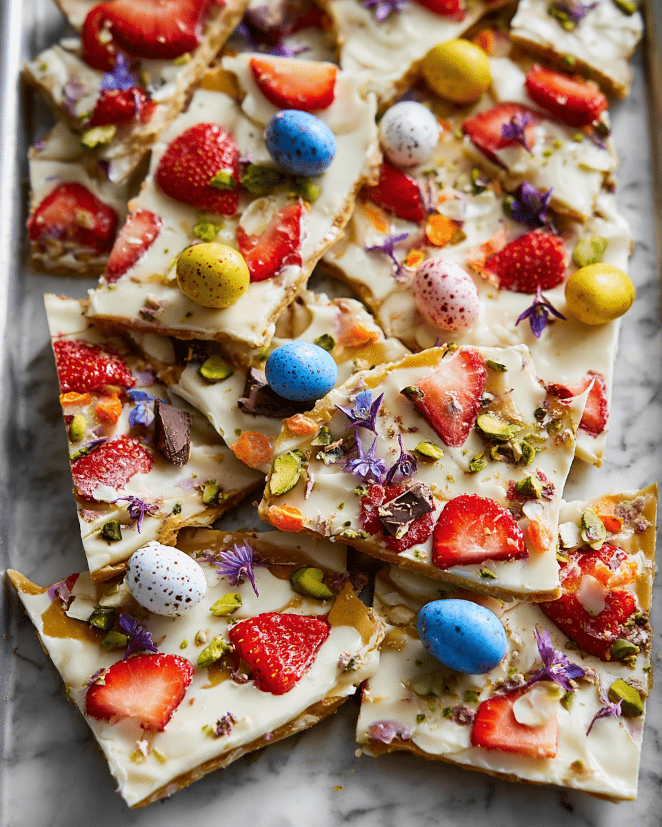 A tray filled with uneven pieces of brittle bark, showing two main layers: a golden brown, glossy bottom layer that looks crunchy and a thick, creamy white top layer. The white layer is decorated with dried red strawberry slices, small colorful candy-coated eggs in blue, yellow, red, and white with speckles, green crushed pistachios, small chocolate egg halves, and tiny purple and orange edible flower petals scattered on top. The surface under the tray has a white marbled texture. Photo taken with an iphone --ar 4:5 --v 7