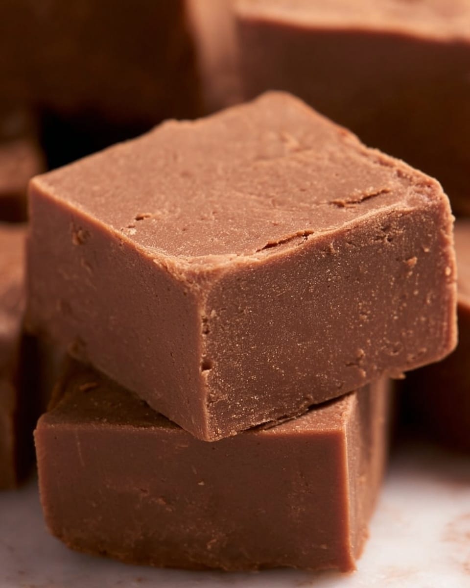 A close-up view of several chocolate fudge squares stacked closely together on a white marbled surface. The fudge pieces are thick and smooth with slightly rounded edges and a rich, even brown color showing a creamy texture. The top layer of the fudge is flat with a matte finish that captures subtle tiny air holes and soft imperfections, giving it a homemade look. The fudge pieces are arranged so that one larger piece is in sharp focus in the center, while others are slightly out of focus in the background. Photo taken with an iphone --ar 4:5 --v 7