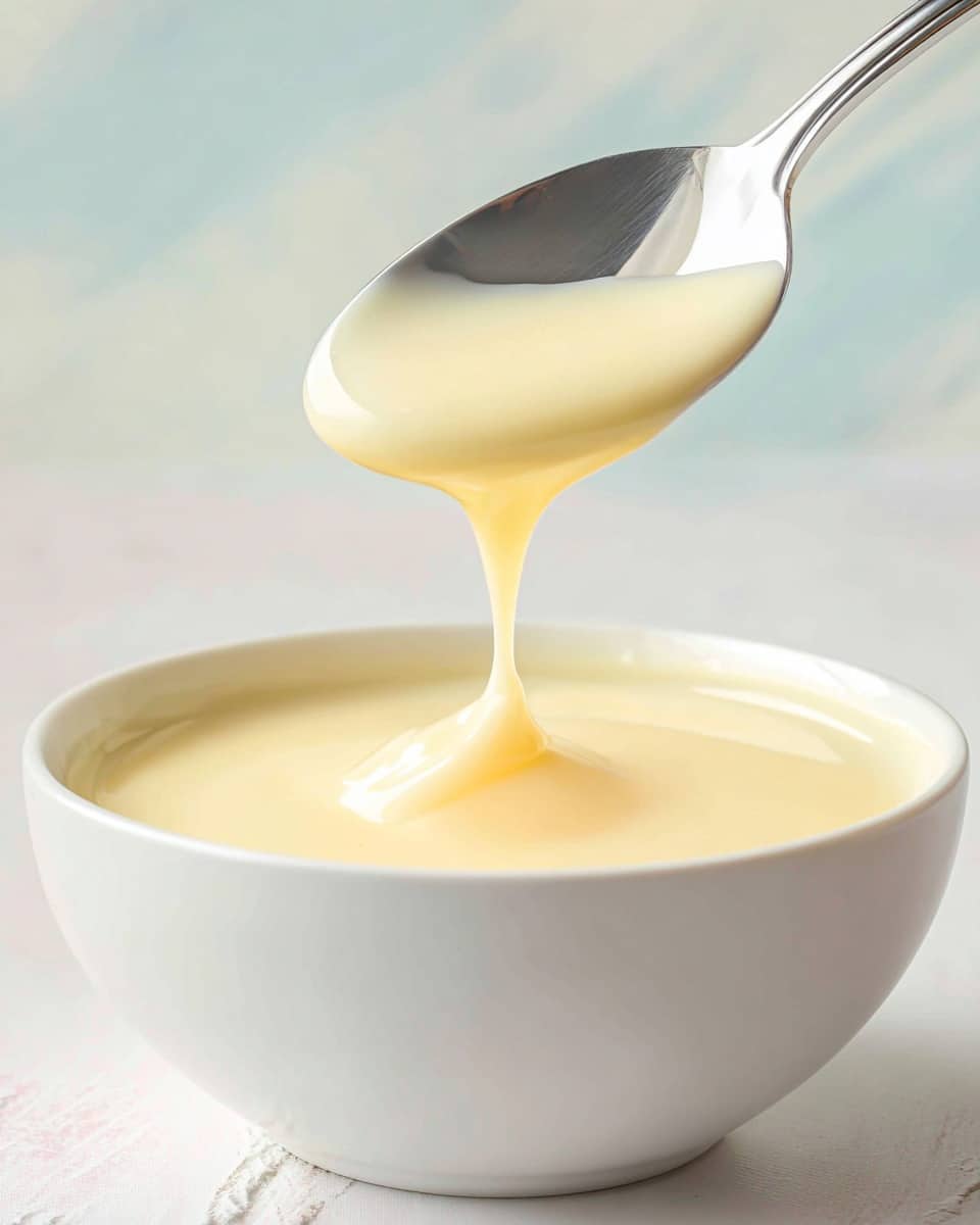 A close-up image of a spoon holding thick, creamy, pale yellow condensed milk dripping back into a white bowl filled with the same smooth liquid. The bowl sits on a bright turquoise wooden surface with a soft peach cloth blurred in the background, all placed on a white marbled texture. The spoon is shiny metal with a reflection visible on its surface. Photo taken with an iphone --ar 4:5 --v 7