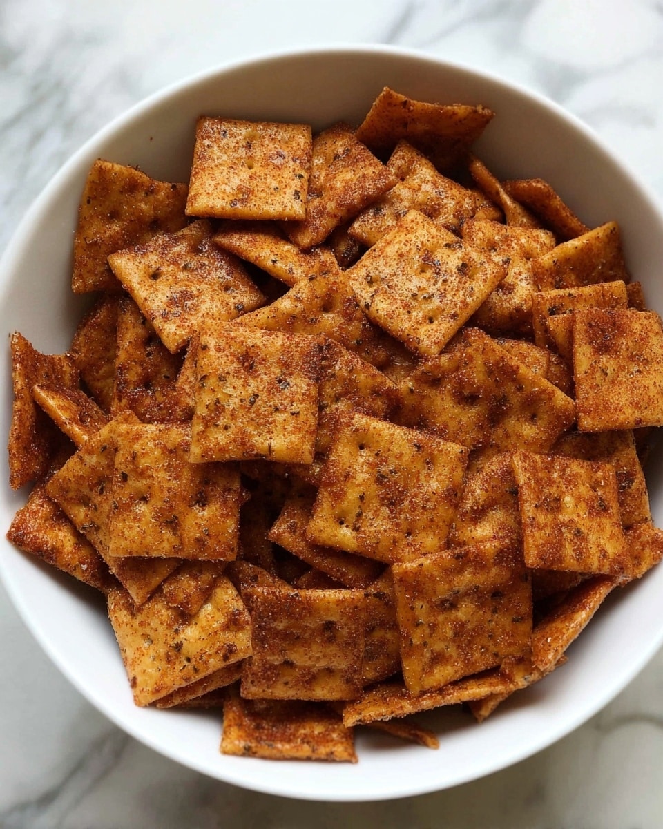A white bowl filled with multiple square crackers stacked loosely. Each cracker is golden brown with a slightly rough texture, showing specks of dark seasoning that give a spiced look. The crackers have some small holes and bubbled spots, indicating a crispy texture. The bowl sits on a white marbled surface, enhancing the warm colors of the crackers. photo taken with an iphone --ar 4:5 --v 7