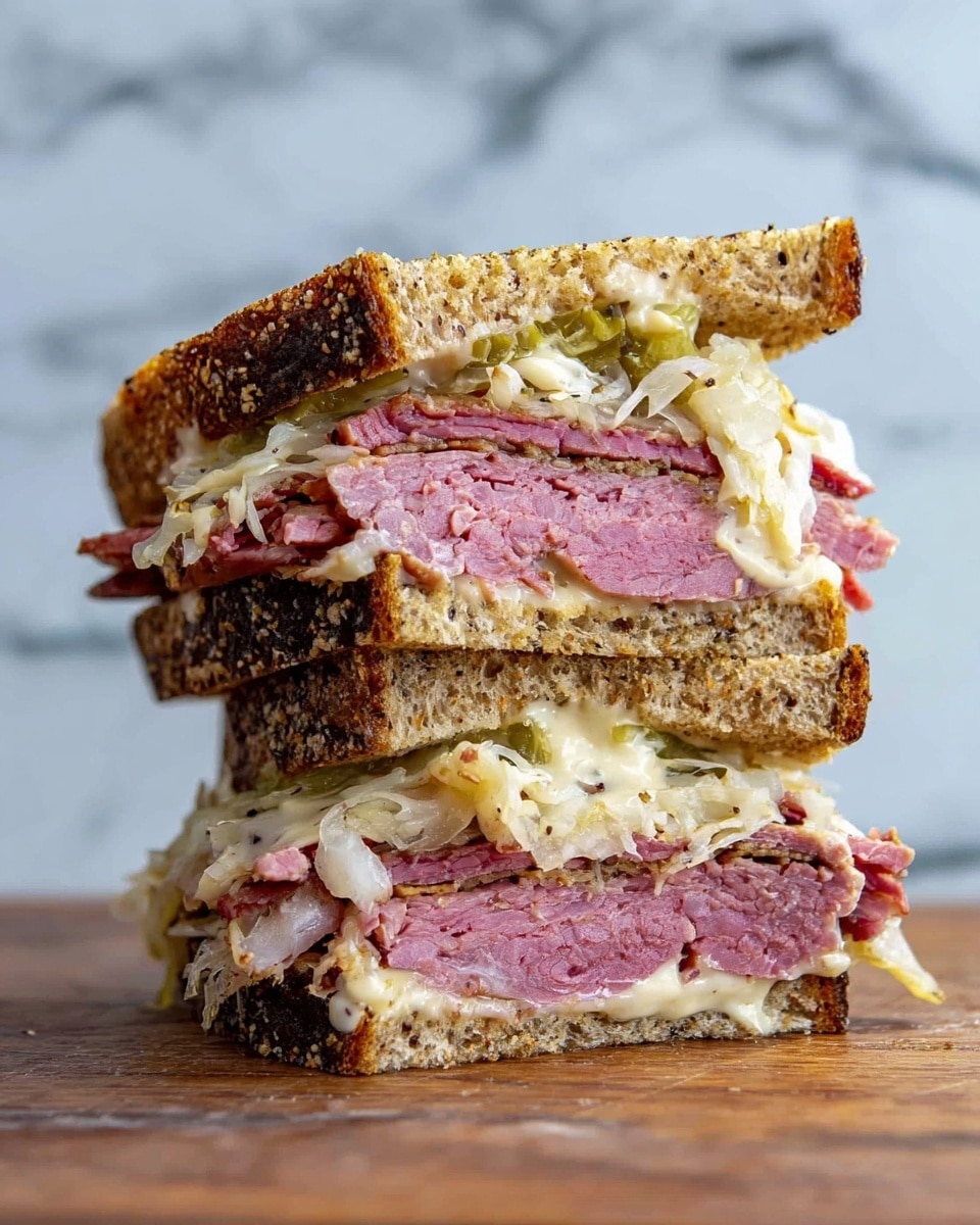 The image shows a close-up of a thick sandwich cut in half and stacked, with a white marbled background. Each sandwich half has three main layers separated by two slices of toasted rye bread that are golden brown with a coarse texture. The bottom layer includes thick slices of pink, juicy corned beef with coarse mustard seeds clinging to the edges. Above the beef is a pale yellow slice of Swiss cheese, slightly melted. The next layer is creamy sauerkraut with a soft, shredded texture, topped with a light pinkish creamy sauce that looks smooth and rich. The top slice of bread completes the sandwich, showing a crunchy, toasted surface. Photo taken with an iphone --ar 4:5 --v 7