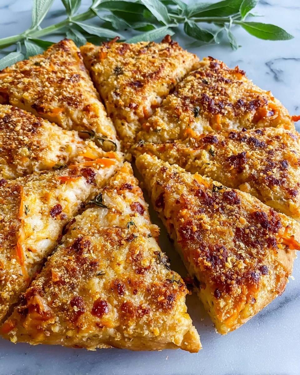 A round pizza cut into eight triangular slices sits on a white marbled surface, with a close-up view showing a golden brown, crisp crust on the edges and a textured top sprinkled with coarse crumbs and melted cheese that has browned in spots. Beneath the crisp cheese layer, there is a mix of orange and light colors from melted cheese and visible bits of herbs and possibly small vegetables or meat scattered throughout the pizza base. The pizza looks thick with a soft interior that contrasts the crunchy top layer. Fresh green leaves are placed behind the pizza to add a touch of color. Photo taken with an iphone --ar 4:5 --v 7