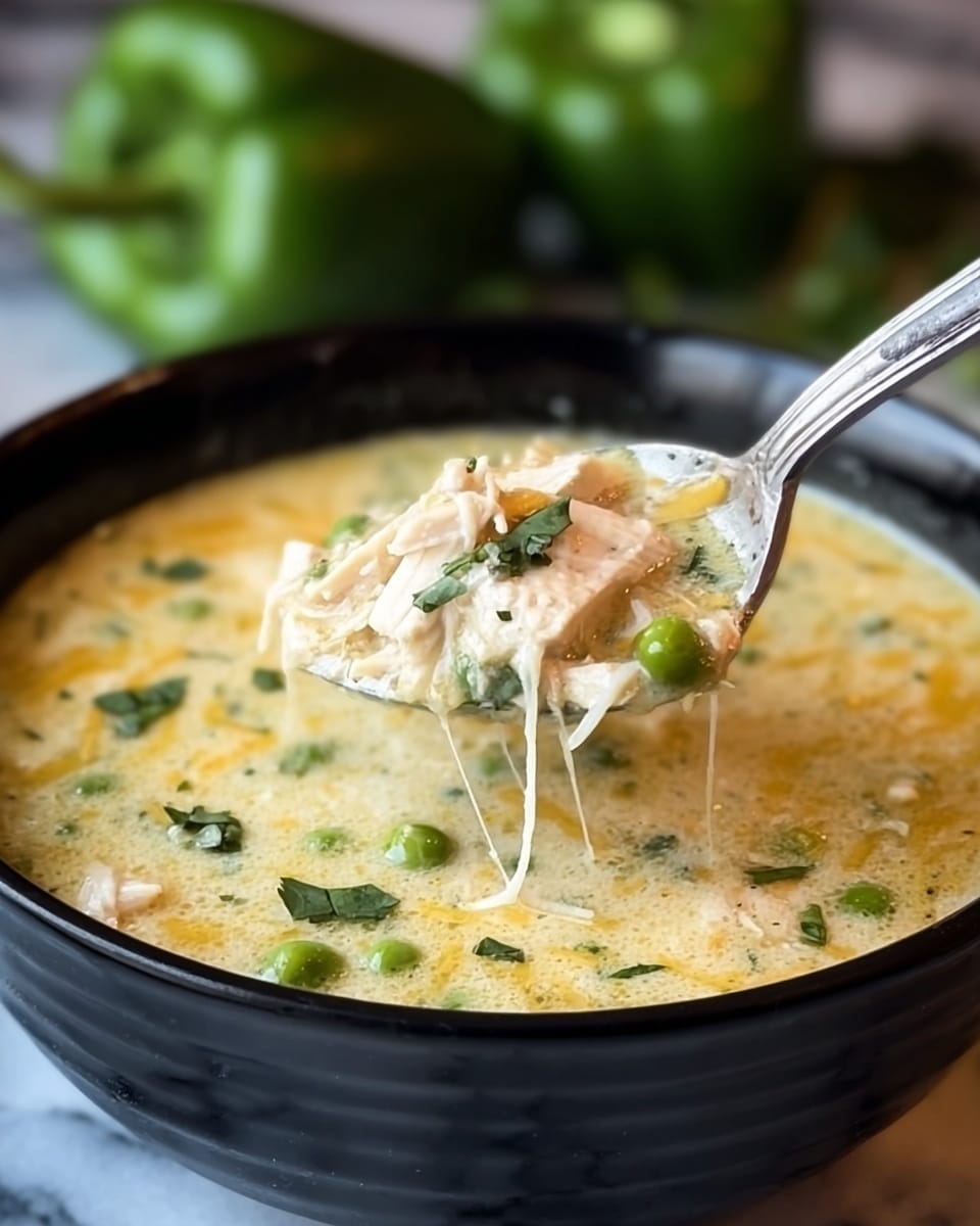 A close-up view of a thick, creamy soup served in a textured white bowl, filled nearly to the top with light yellow broth flecked with green herbs and small pieces of vegetables like peas. In the center, a silver spoon lifts a generous scoop from the bowl, showing layers of shredded white chicken, melted white cheese strings stretching down, and bits of green herbs. The soup has a rich, slightly grainy texture from the mix of ingredients, with visible specks of black pepper and fresh diced onions. The background shows a soft focus of green bell peppers and a white marbled texture surface. photo taken with an iphone --ar 4:5 --v 7