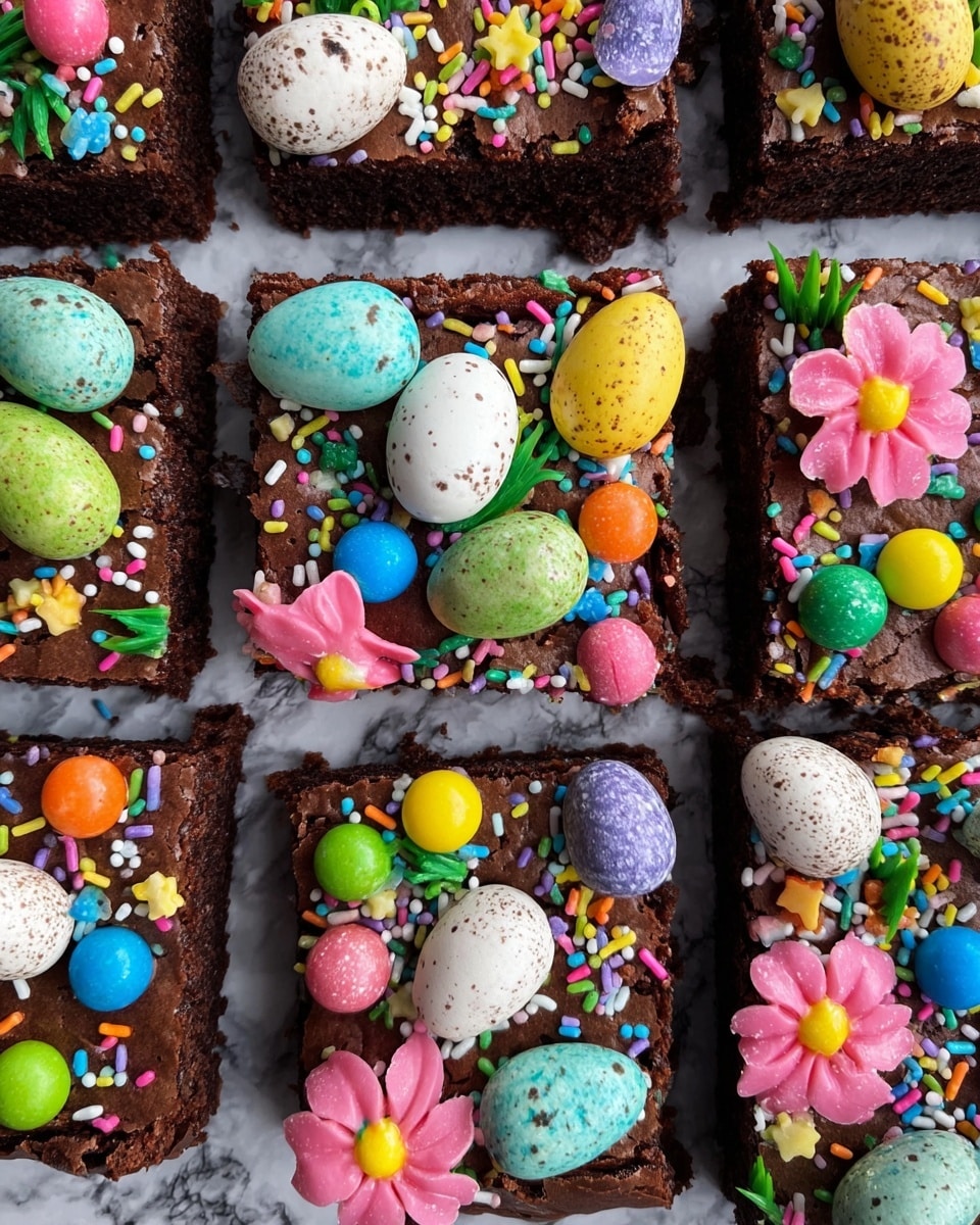 Two square pieces of chocolate cake sit side by side on a white plate with yellow sunflower-like patterns. Each cake has two layers: a moist dark brown cake base and a thick layer of dark chocolate frosting on top. The frosting is decorated with colorful candy eggs in white, light blue, and gold, small pink flower-shaped candies, multicolored round sprinkles, and broken pieces of chocolate eggs. One light blue candy egg lies on the plate beside the cake, along with a small gold candy egg in front. The plate is placed on a pink cake stand with a yellow base, all set on a white marbled surface. Photo taken with an iphone --ar 4:5 --v 7
