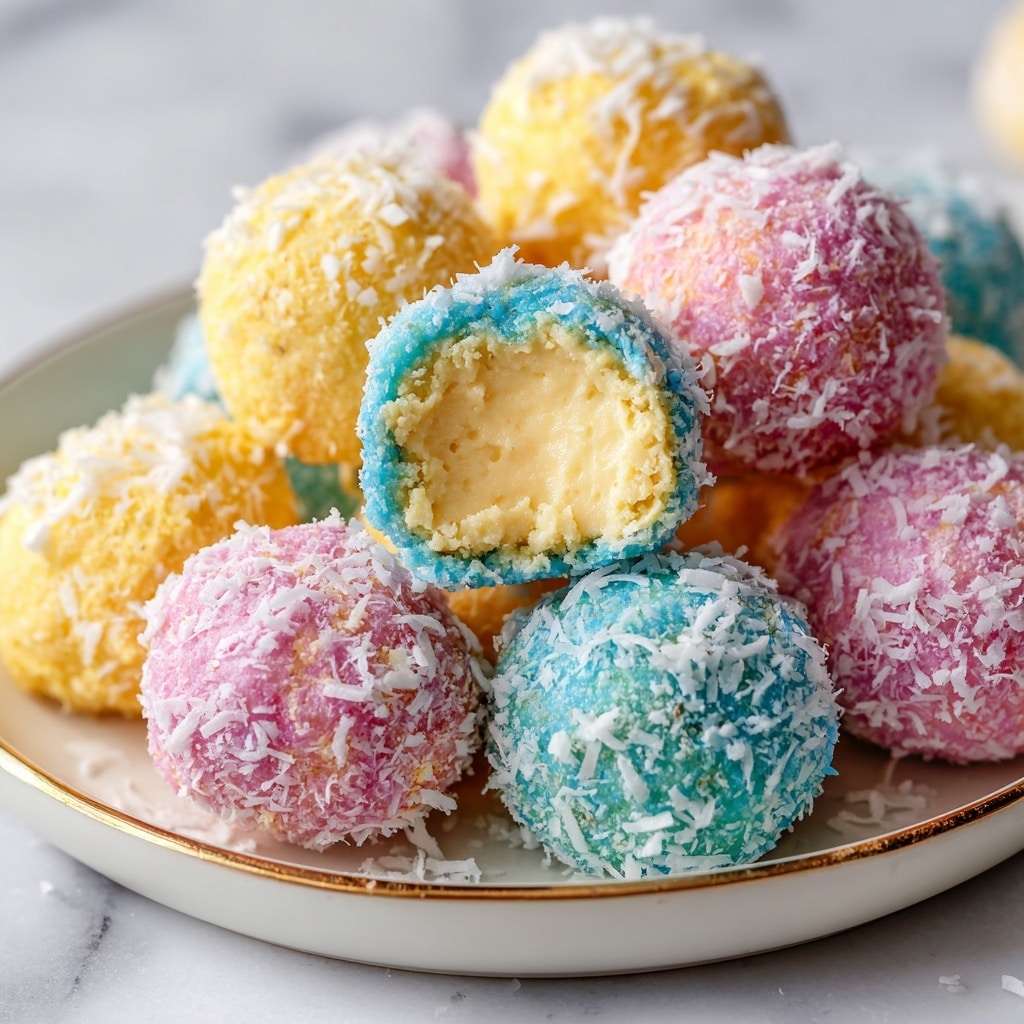 The image shows colorful coconut balls arranged on a white plate with a thin gold rim, placed on a white marbled surface. Each ball is covered in vibrant pastel colors including pink, blue, yellow, and green, with shredded white coconut sprinkled all over their surface, giving a textured look. One blue ball is cut open, revealing a creamy, smooth light yellow filling inside, creating a nice contrast between the outer layer and the inner filling. The balls appear round and soft, with a consistent thickness of the colored layer holding the coconut flakes. Photo taken with an iphone --ar 4:5 --v 7