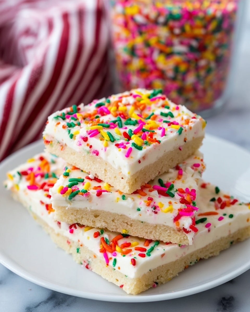 Three rectangular bars of a soft white cookie are stacked slightly unevenly on a white plate, each topped with a thick layer of creamy white frosting. The frosting is decorated with colorful rainbow sprinkles in red, yellow, green, orange, pink, and white, scattered across the surface. The plate rests on a white marbled background, and in the blurred background, there is a round container filled with more rainbow sprinkles and a striped red and white cloth nearby. photo taken with an iphone --ar 4:5 --v 7