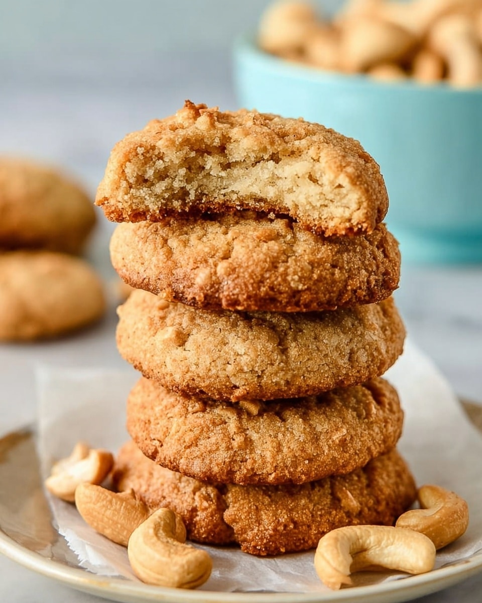 This image shows a stack of five round cookies with a rough, crumbly texture in light brown and golden tones. The top cookie is broken in half, showing a soft, dense inside with a slightly darker shade. The cookies rest on white paper placed on a white plate with a subtle blue rim. Around the plate, a few whole light brown cashew nuts are scattered. In the blurred background on a white marbled texture surface, there is a pale blue bowl filled with more cashews and a pale jar. photo taken with an iphone --ar 4:5 --v 7