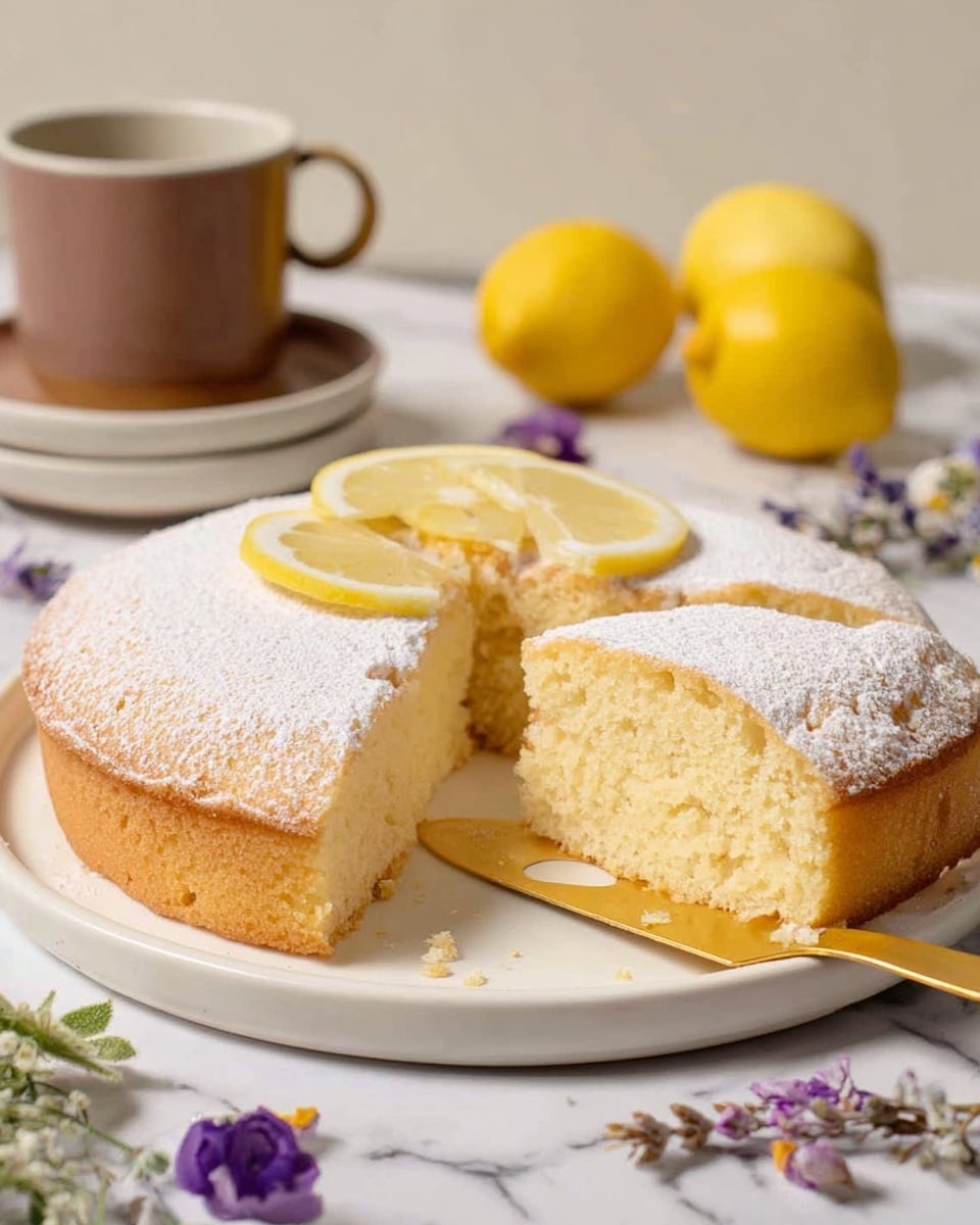 A single-layer round lemon cake with a light golden brown crust is placed on a white plate with fine grey marble veins. The cake surface is dusted with powdered sugar, and in the center lies a small lemon wedge sliced into two pieces. Around the cake, there are more lemon slices and small sprigs of purple and green flowers decorating the plate. In the background on a white marbled surface, there are whole and half lemons, some green leaves, a gold-colored cake server, and a peach-colored mug with dark tea resting on a woven coaster. photo taken with an iphone --ar 4:5 --v 7