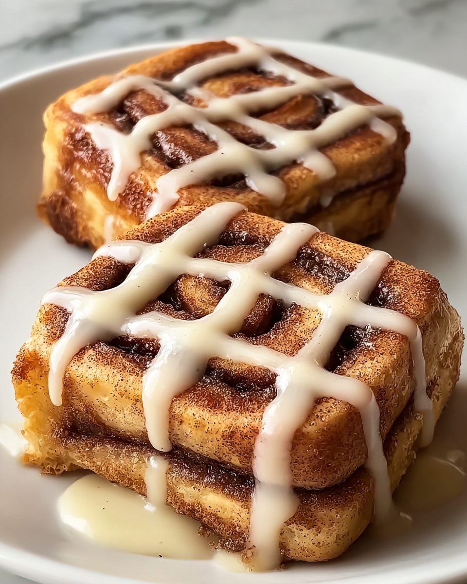 Two cinnamon rolls sit side by side on a white plate, each roll showing three visible layers of soft, light tan dough spiraled with dark brown cinnamon filling. The rolls have a golden brown, slightly crispy top sprinkled with cinnamon powder. A creamy white icing is drizzled evenly in a grid pattern over the top, with small pools of the icing gathered around the base of each roll. The plate rests on a white marbled surface. photo taken with an iphone --ar 4:5 --v 7