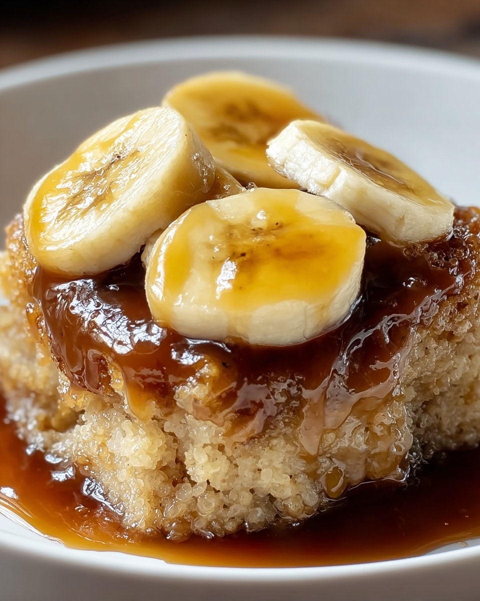 A close-up of a single serving of soft, moist cake with a light crumb texture as the base layer, covered generously with thick, glossy brown syrup that pools around the bottom on a white plate. On top, three evenly spaced slices of banana with a smooth, slightly shiny surface rest, each slice showing the banana’s soft yellow interior and faint natural lines. The syrup slightly coats the bananas, adding a rich shine, and the white marbled surface underneath is blurred out to keep focus on the dessert. Photo taken with an iphone --ar 4:5 --v 7