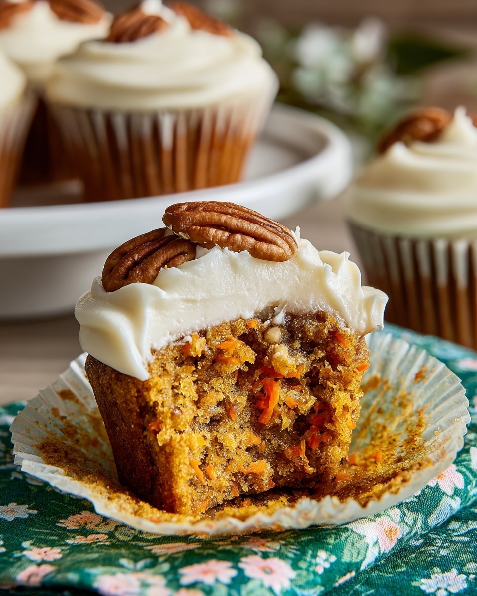 A close-up view of a single carrot cupcake with one bite taken out, showing a moist, orange-brown crumb with visible small carrot pieces inside. The cupcake is topped with a thick layer of creamy white frosting, spread smoothly but slightly textured, and garnished with several halves of pecan nuts on top. The cupcake liner is peeled back partially, revealing the cake. It sits on a green napkin with a yellow and white floral pattern, placed on a white marbled surface. In the background, three whole cupcakes with similar frosting are blurred but visible on a white plate. Photo taken with an iphone --ar 4:5 --v 7