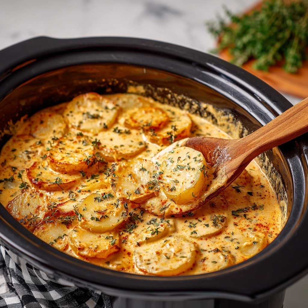 A close-up view of a slow cooker filled with creamy scalloped potatoes arranged in two visible layers. The bottom layer is golden brown and crispy around the edges, while the top layer consists of soft, thinly sliced, round potato pieces coated in a smooth, light orange cheese sauce with small green herb specks sprinkled evenly. A wooden spoon with a natural finish is partially resting inside, lifting some of the potatoes. In the background, some fresh green herbs and a black and white checkered cloth are slightly visible on a white marbled surface. Photo taken with an iphone --ar 4:5 --v 7