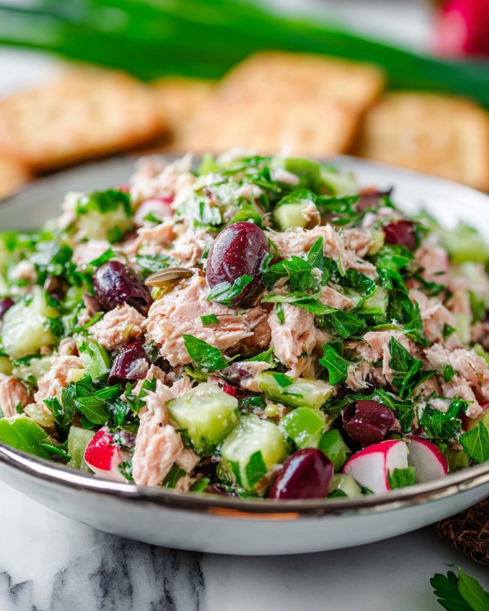 A mix of tuna flakes in pale pink sits on top as the main layer, combined with dark red kidney beans that add richness among bright green chopped herbs and cucumber pieces. Small bits of white and purple onion are scattered throughout the salad, all piled in a round white plate that rests on a coarse burlap cloth with a blurred wooden table and crackers in the background. The ingredients show a mix of soft and firm textures with fresh, earthy colors blending naturally. Photo taken with an iphone --ar 4:5 --v 7