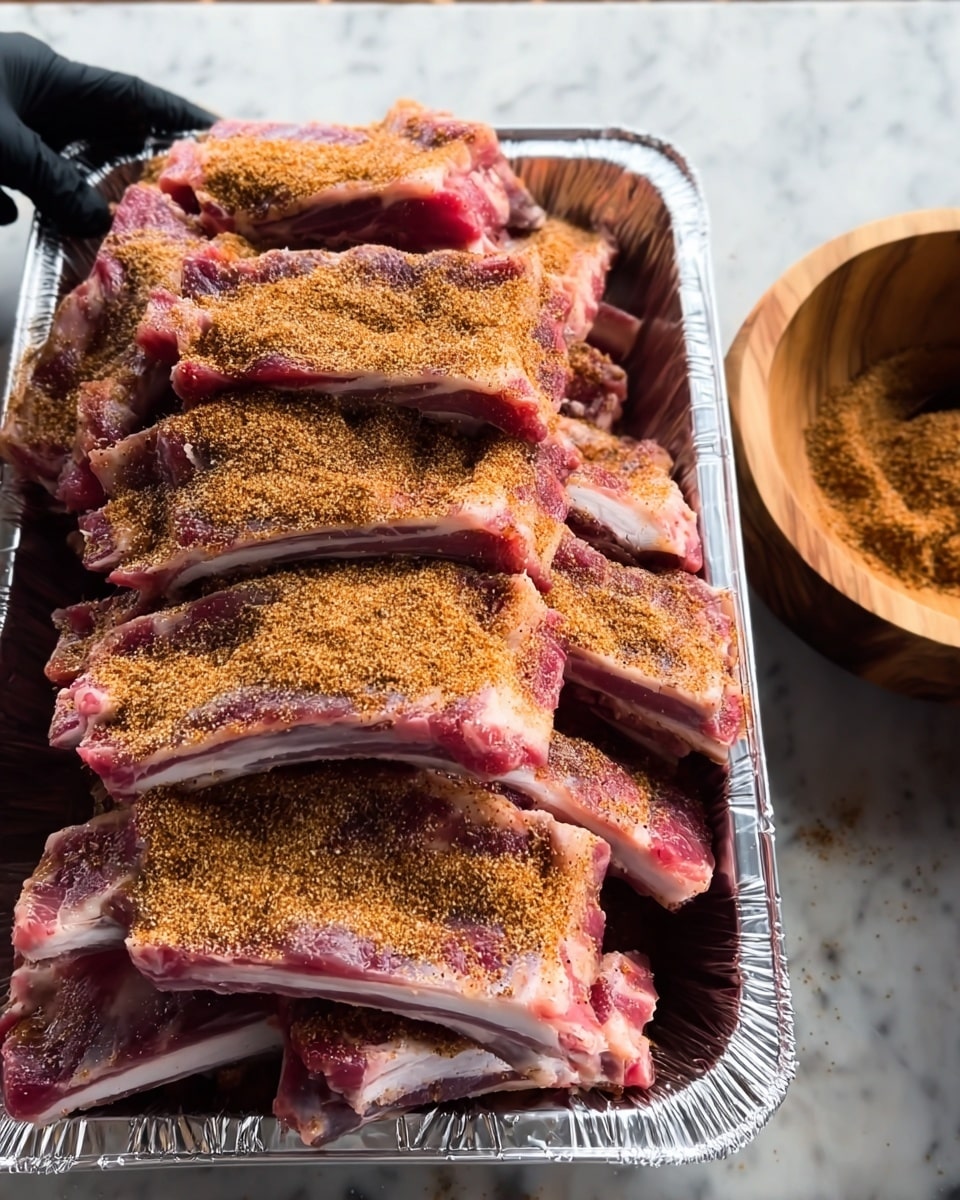 A foil tray filled with many pieces of raw ribs stacked in layers, each rib showing pinkish red meat with white fatty edges, all generously covered with a coarse, light brown dry spice rub that adds texture and color contrast. To the right, a wooden bowl filled with the same dry spice rub is partially visible, with a black-gloved woman's hand reaching into it, set against a white marbled surface beneath the tray. Photo taken with an iphone --ar 4:5 --v 7