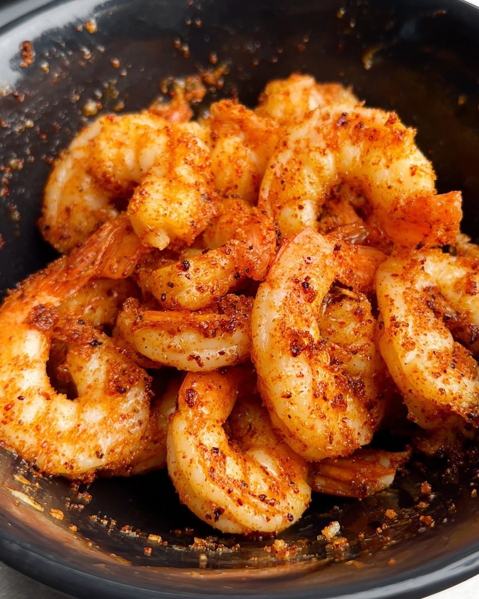 A crispy golden tostada forms the base layer, topped with a thick, chunky layer of bright green guacamole mixed with small pieces of tomato and herbs. On top of the guacamole, there is a generous pile of grilled shrimp, cooked to a deep orange-red with charred black spots adding texture and a smoky look. The dish is shown on a white marbled surface with a green seasoning bottle slightly blurred in the background on the upper right side. Photo taken with an iphone --ar 4:5 --v 7