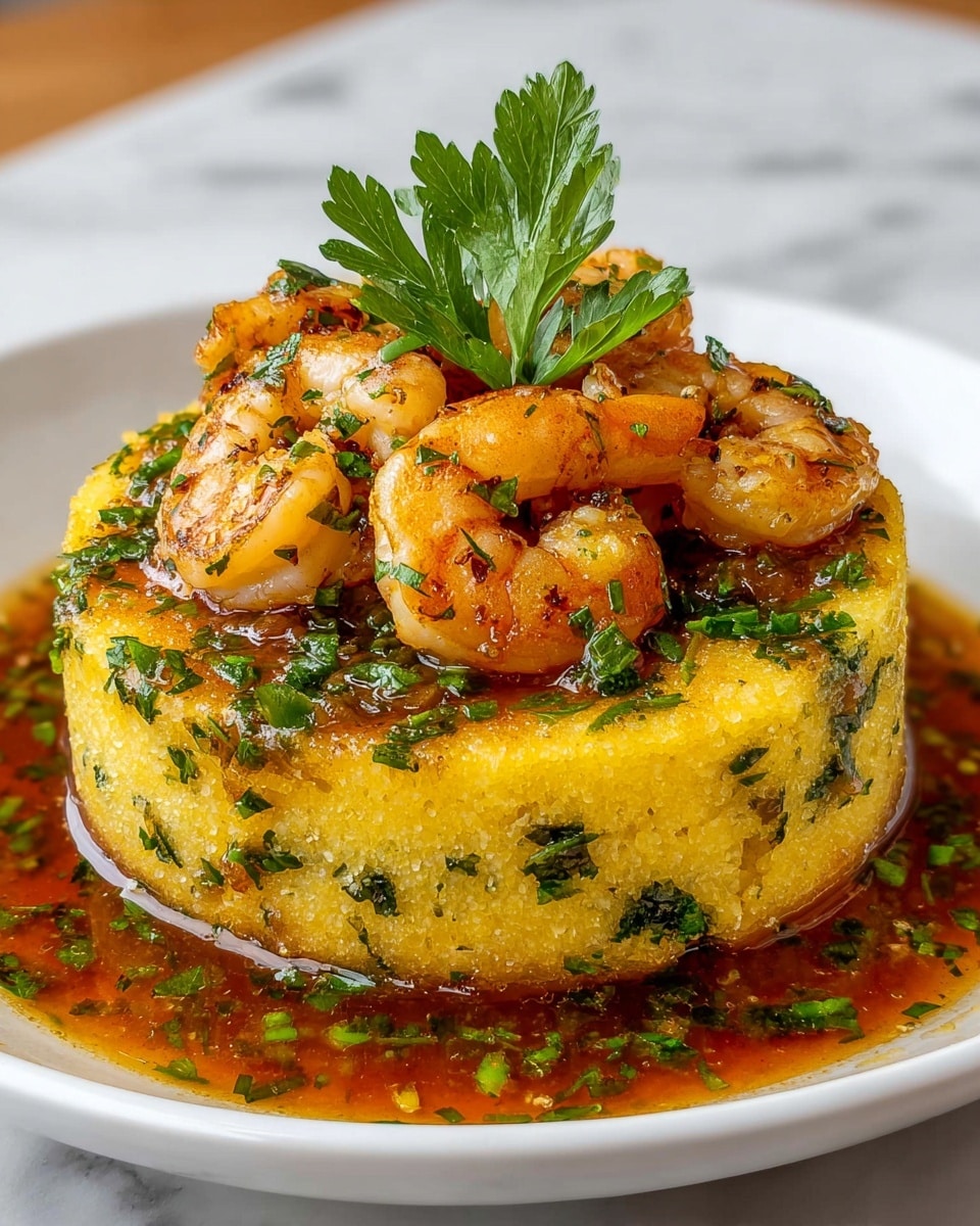 A round, thick yellow cake mixed with green herbs sits at the center of a white square plate, its surface slightly browned and textured. On top, a layer of golden-brown grilled shrimp with visible grill marks is neatly arranged in a circular pattern, garnished with chopped green herbs. Surrounding the cake is a glossy, reddish-brown sauce flecked with fresh green herbs, pooling around the base. The background features a white marbled texture. photo taken with an iphone --ar 4:5 --v 7