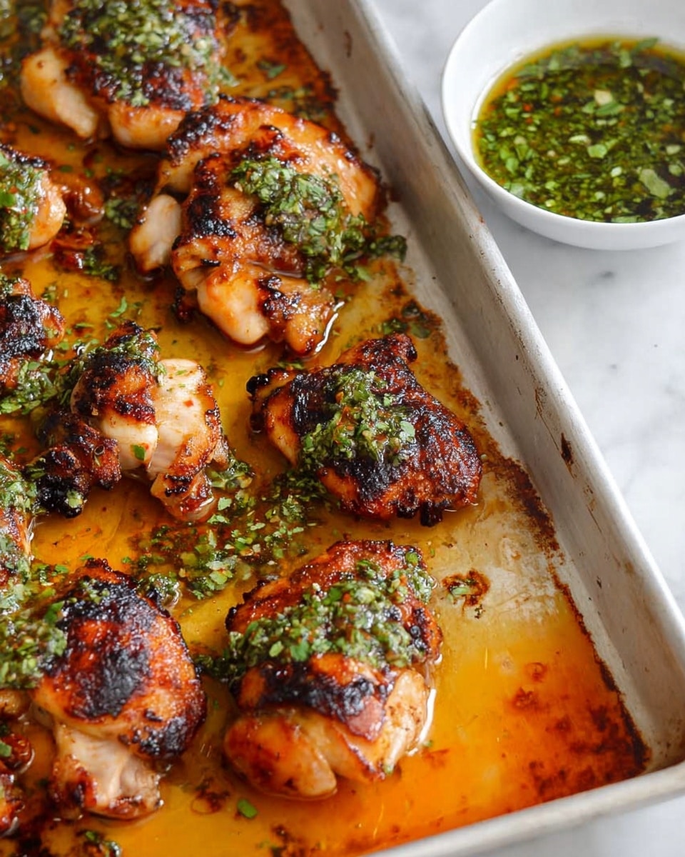 The image shows grilled chicken pieces with a golden-brown and slightly charred surface arranged on a baking tray with an orange oily glaze. The chicken has some herb sauce with green chopped herbs spread unevenly on top of a few pieces. The tray is slightly greasy from the oil and cooked juices, with some darker burnt spots around the chicken. A white bowl with green herb sauce is seen in the top right corner, placed on a white marbled texture surface. photo taken with an iphone --ar 4:5 --v 7