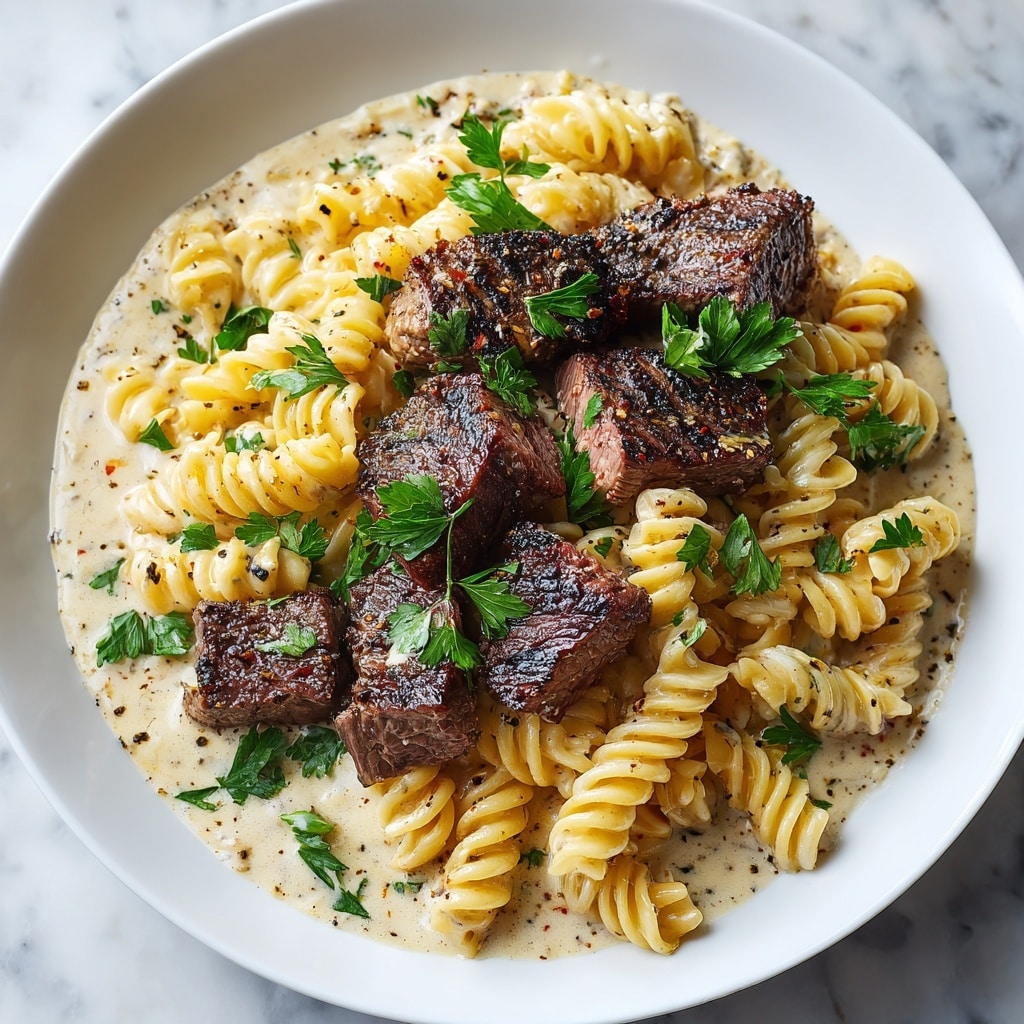 A white plate holds a bed of creamy, light beige rotini pasta coated in a glossy sauce with specks of black pepper and small green herb bits scattered throughout. On top, medium rare steak slices are layered in two rows, showing a rich brown grilled crust with char marks and a pink center. Some fresh green parsley leaves are sprinkled over the steak for color contrast. The plate sits on a white marbled textured surface. Photo taken with an iphone --ar 4:5 --v 7