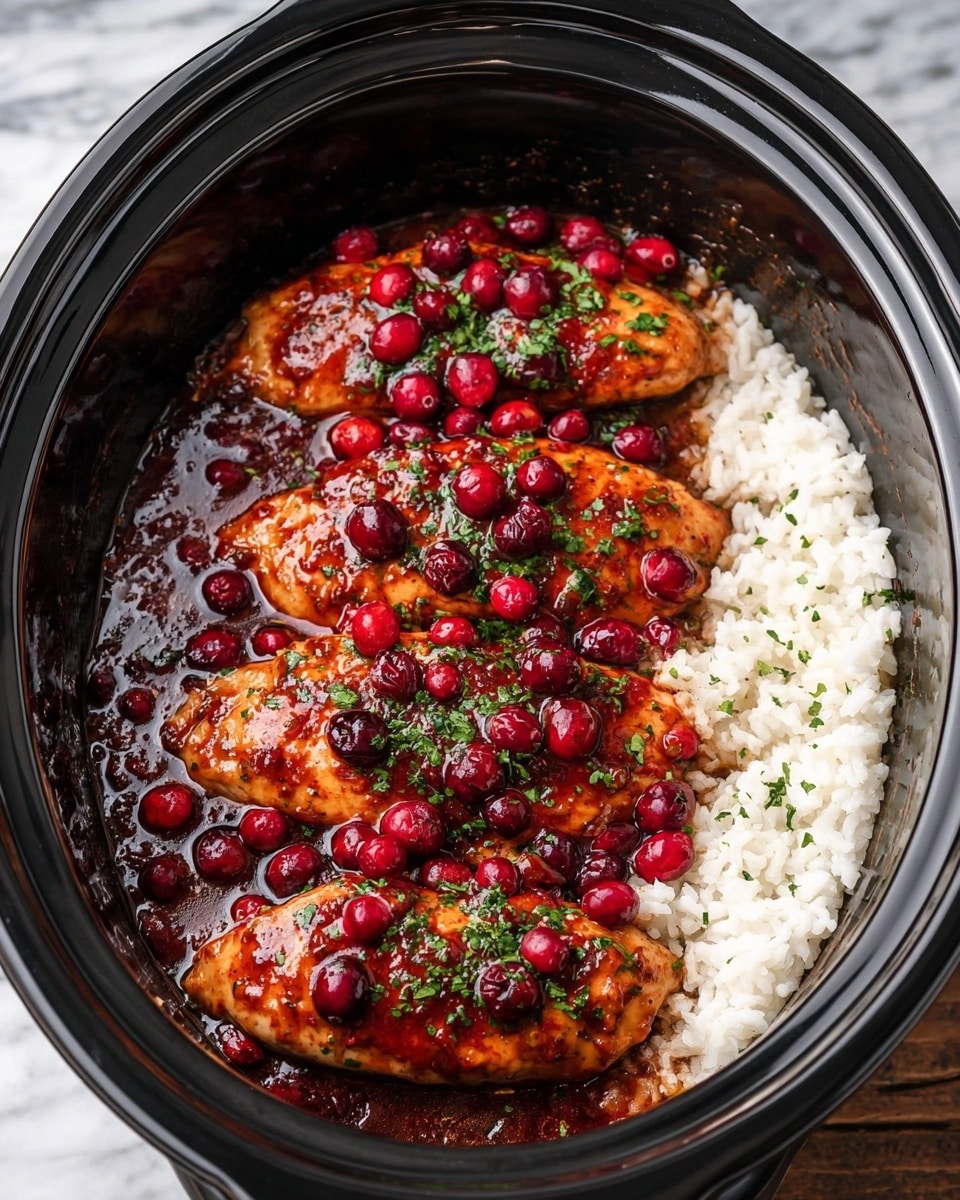 The image shows three cooked chicken breasts in a black slow cooker, each covered with a thick red sauce with whole cranberries scattered on top and around them. The chicken breasts have a well-cooked brown color beneath the sauce. Small fresh green herb leaves are sprinkled over the chicken and sauce, adding a fresh contrast. On the right side of the slow cooker, there is a neat pile of white cooked rice with a fluffy texture. The dish sits on a white marbled surface. photo taken with an iphone --ar 4:5 --v 7