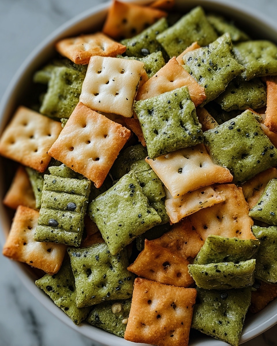 A close-up of a bowl full of square-shaped crackers with a lattice pattern, each cracker golden brown with flecks of green herbs and small bits of cheese baked on top, piled high in a dark bowl. On top of the pile, there is a small green pickle with a bumpy texture and darker spots. The bowl is held by a woman's hand against a bright, blurred background. Photo taken with an iphone --ar 4:5 --v 7