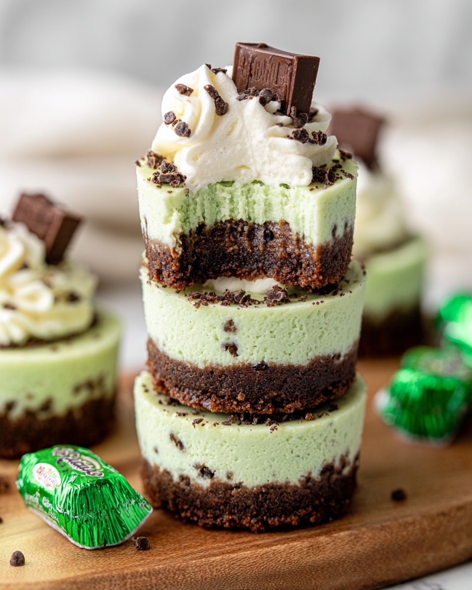 The image shows a close-up of a cupcake with three clear layers: a dark crumbly base at the bottom, a bright green middle layer with a slightly rough texture, and a smooth, dark chocolate layer on top. At the very top, a large swirl of white whipped cream stands tall, decorated with small dark chocolate crumbs and a small piece of chocolate stuck slightly into the cream. The cupcake liner is a bright green color, and the cupcakes are placed on a white marbled surface. Photo taken with an iphone --ar 4:5 --v 7