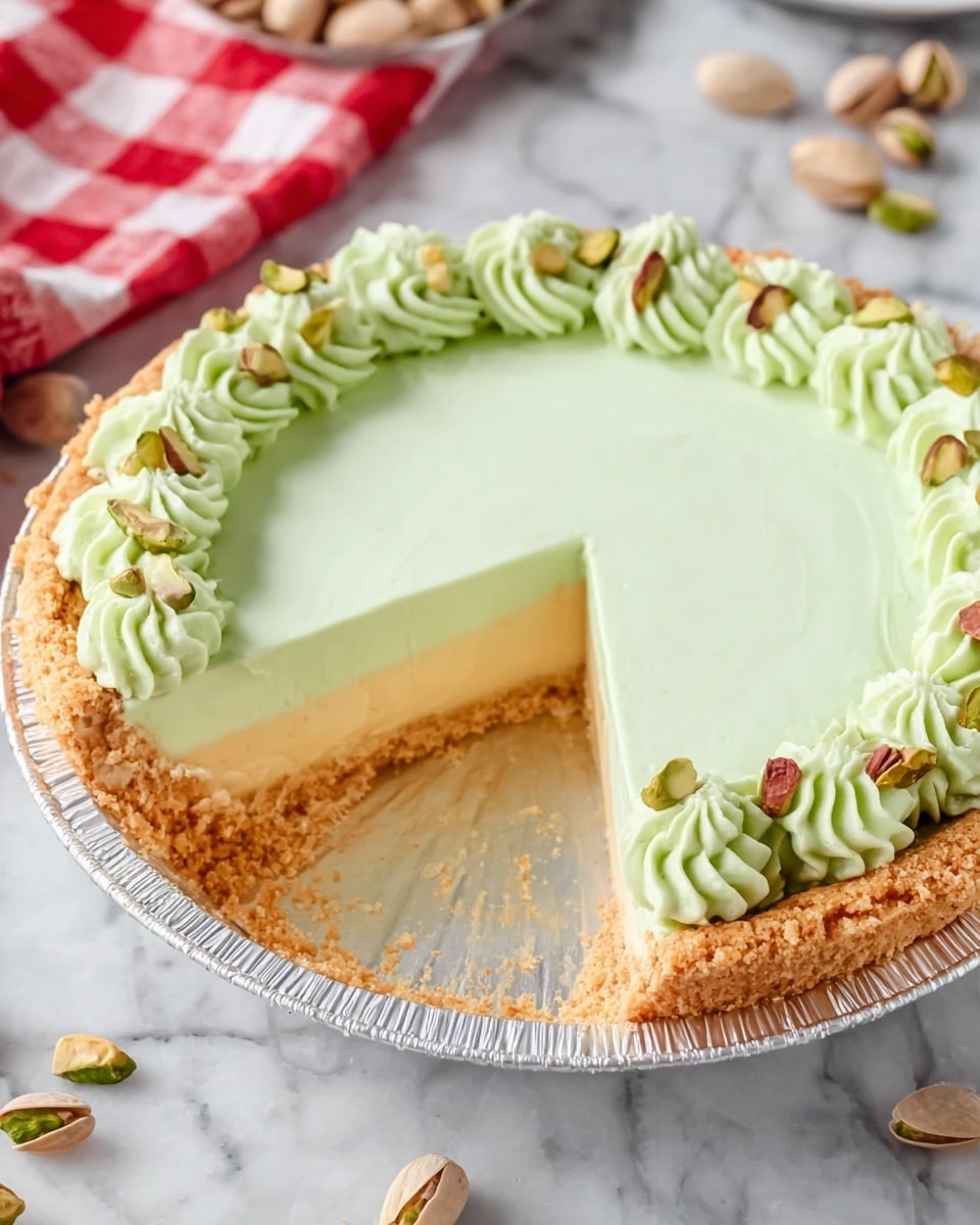 A pie with three clear layers is shown on a white marbled surface. The bottom crust is golden brown and crumbly with a slightly rough texture. Above the crust is a smooth, thick, pale yellow layer of filling. The top layer is a light green creamy layer, which is flat and smooth like a mousse. Around the edge of the pie, there are swirls of the same light green cream, each decorated with a few whole pistachio nuts. The pie is displayed on a shiny foil pie pan, and a slice is cut out showing the layers clearly, with the cut edge clean and smooth. The background includes a blurred red and white checkered cloth and some scattered pistachios. Photo taken with an iphone --ar 4:5 --v 7