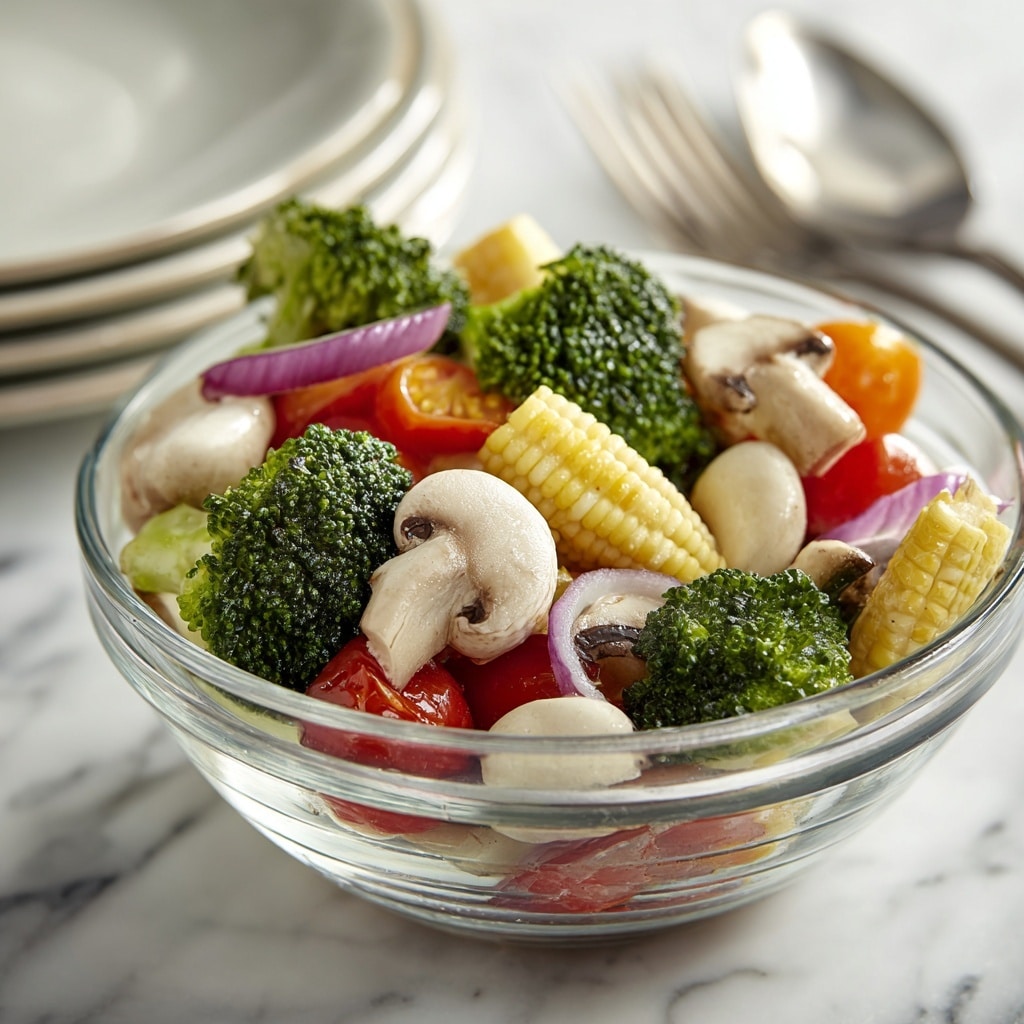 A clear glass bowl filled with a colorful vegetable salad containing three main layers: bright green broccoli florets with a rough texture, light yellow baby corn with ridges, and whole round mushrooms in an off-white color with smooth caps. Scattered throughout are shiny red and orange cherry tomatoes, adding vibrant spots of color. Small bits of purple onion are spread around, and the salad appears lightly coated with a dressing, giving a slight shine to all the ingredients. The setting includes a white plate and fork blurred in the background and some vegetables on a white marbled surface behind the bowl. photo taken with an iphone --ar 4:5 --v 7