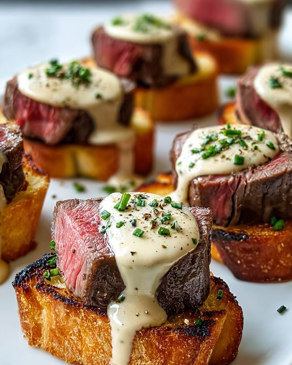 There are several pieces of toasted bread laid out, each topped with thick slices of medium-rare steak showing a pink center and seared brown edges. A creamy white sauce with a smooth texture is poured generously over the steak on every piece, with small green herb leaves sprinkled on top and around. The toast has a golden brown crisp surface, and the whole setup rests on a wooden board. photo taken with an iphone --ar 4:5 --v 7