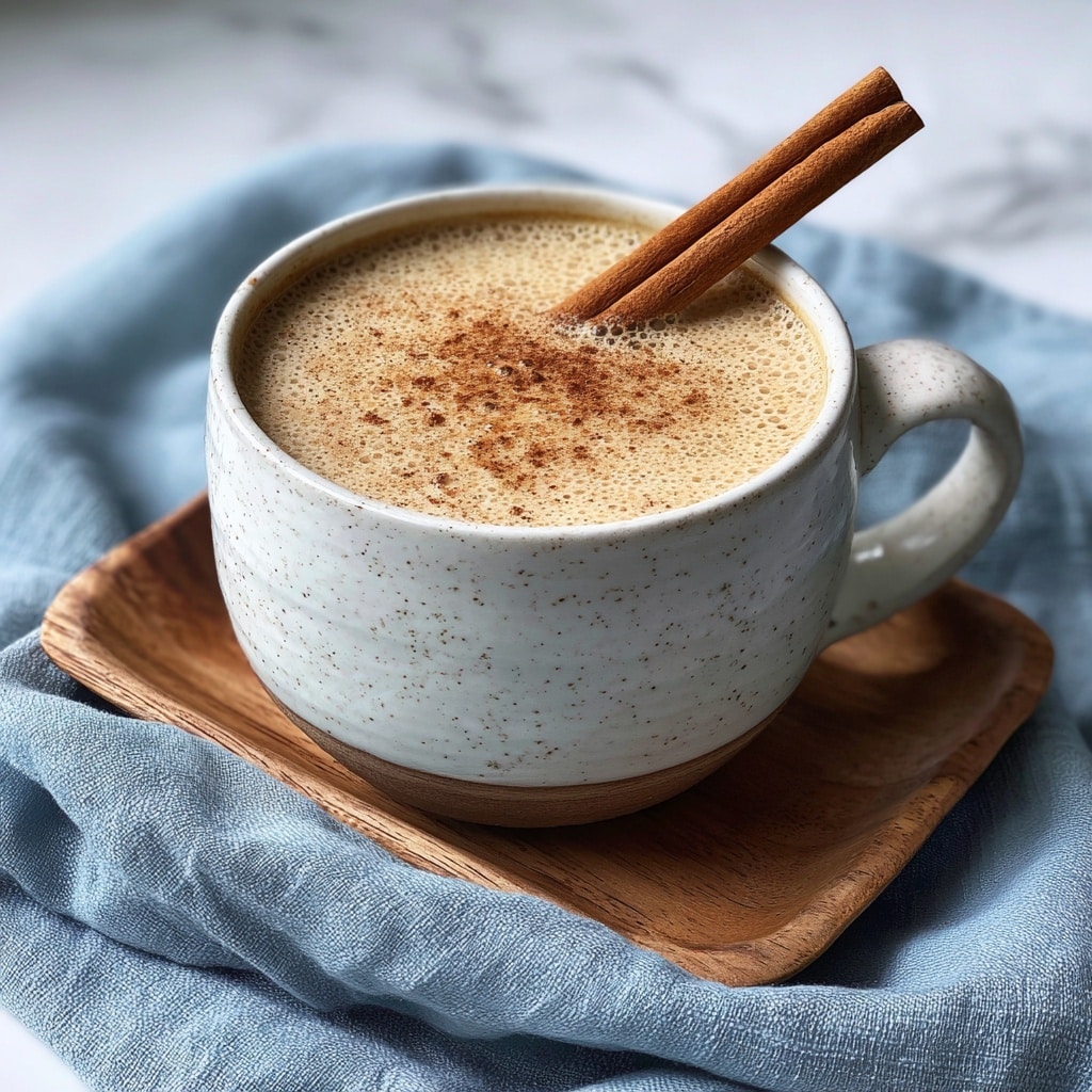 A white cup filled with a warm light brown liquid with tiny black specks floating on top. A cinnamon stick is placed inside the cup, leaning against the rim. The cup is on a white knitted cloth, resting on a white marbled surface, with another cinnamon stick lying next to it. In the blurred background, there are more cinnamon sticks on a white plate. Photo taken with an iphone --ar 4:5 --v 7