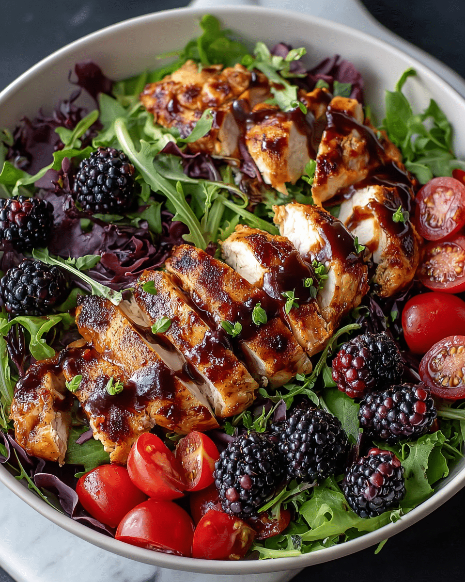 A white plate holds a fresh salad with three main layers. The bottom layer is a bed of mixed green and dark purple leafy greens that look fresh and crisp. The middle layer shows several large, golden-brown grilled chicken breast pieces with slight grill marks and a shiny glaze, scattered evenly over the greens. On top and among the chicken are whole blackberries and halved strawberries, adding dark purple and deep red color. Everything is lightly sprinkled with chopped green herbs and drizzled with a dark balsamic glaze. The photo taken with an iphone --ar 4:5 --v 7