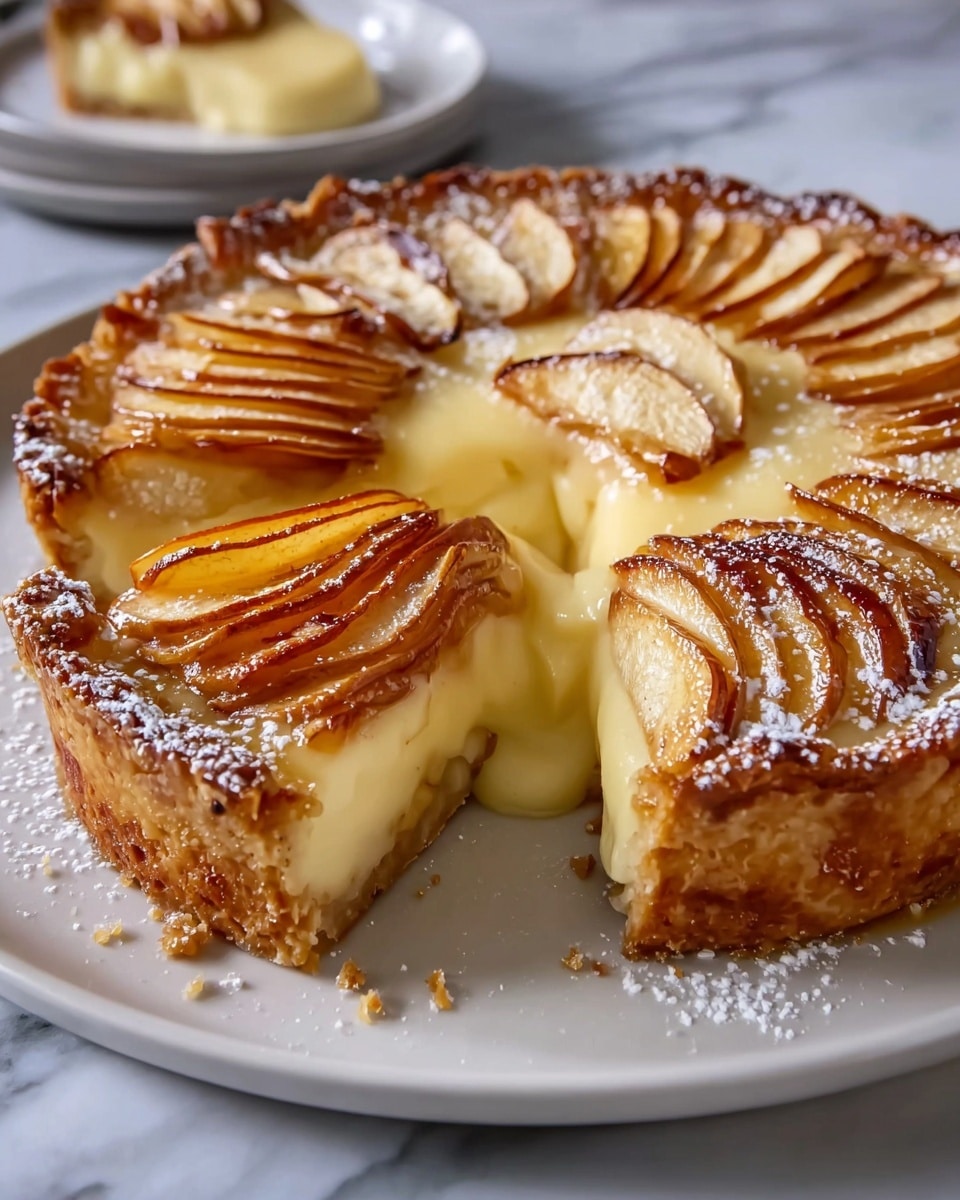 A round tart sits on a white plate with a thick golden brown crust that looks crunchy and firm. Inside, there is a creamy, pale yellow filling that looks smooth and soft, almost pudding-like, taking up the whole center. On top, thin slices of caramelized apple are arranged neatly in a circular fan pattern, with a shiny, glossy texture and brown edges. A slice of the tart is cut and slightly pulled out to reveal the creamy filling inside. Light white powdered sugar is sprinkled gently over the whole tart and plate. The background has a white marbled texture. Photo taken with an iphone --ar 4:5 --v 7