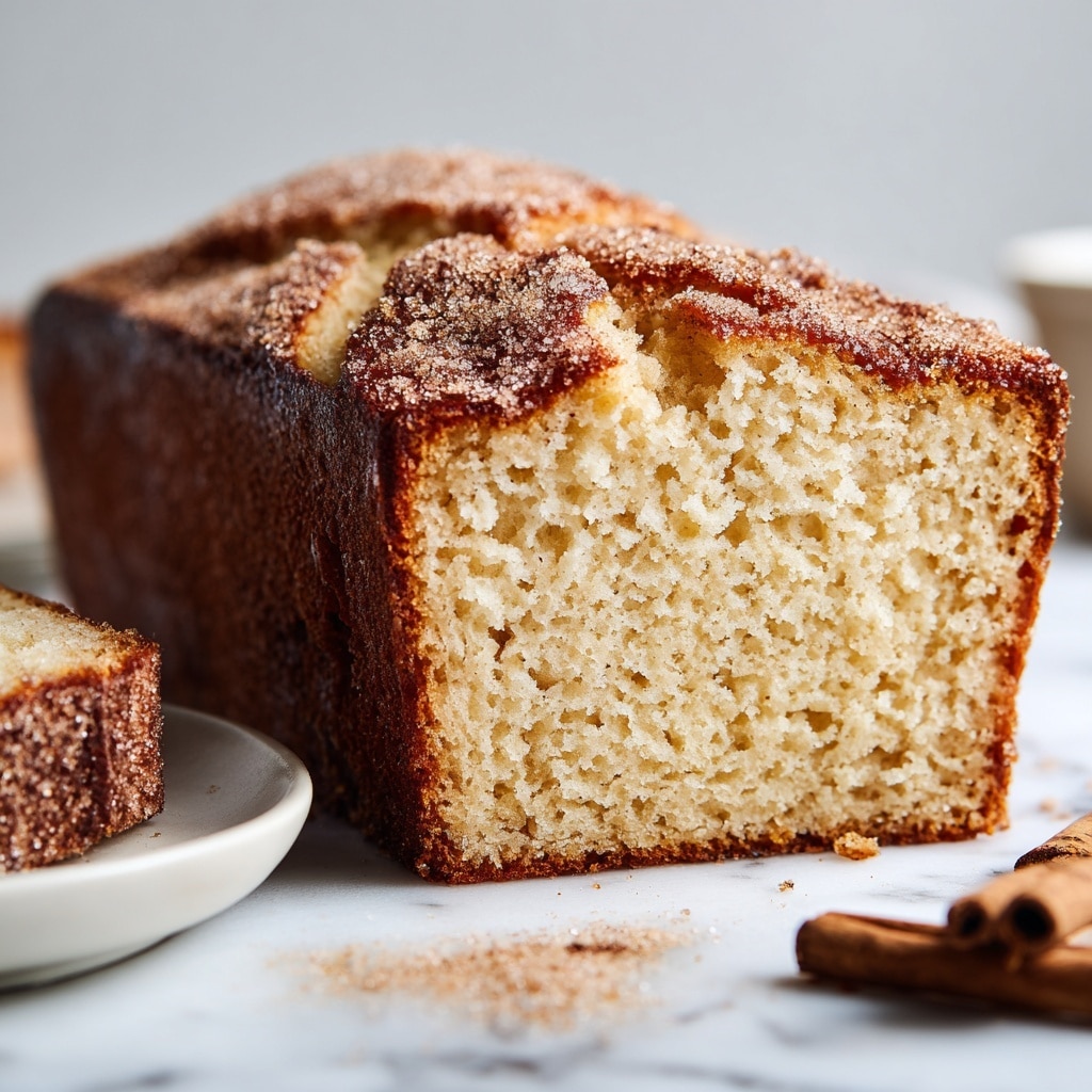 A single slice of soft, light yellow cake is centered on a white plate. The cake has a slightly rough texture with small holes inside, showing its moist crumb. The top is golden brown with a dusting of fine white sugar and light brown cinnamon, creating a speckled pattern, and a faint cinnamon line runs vertically through the middle of the slice. The cake edges are slightly darker brown and crisp. The plate sits on a smooth white marbled surface. Photo taken with an iphone --ar 4:5 --v 7