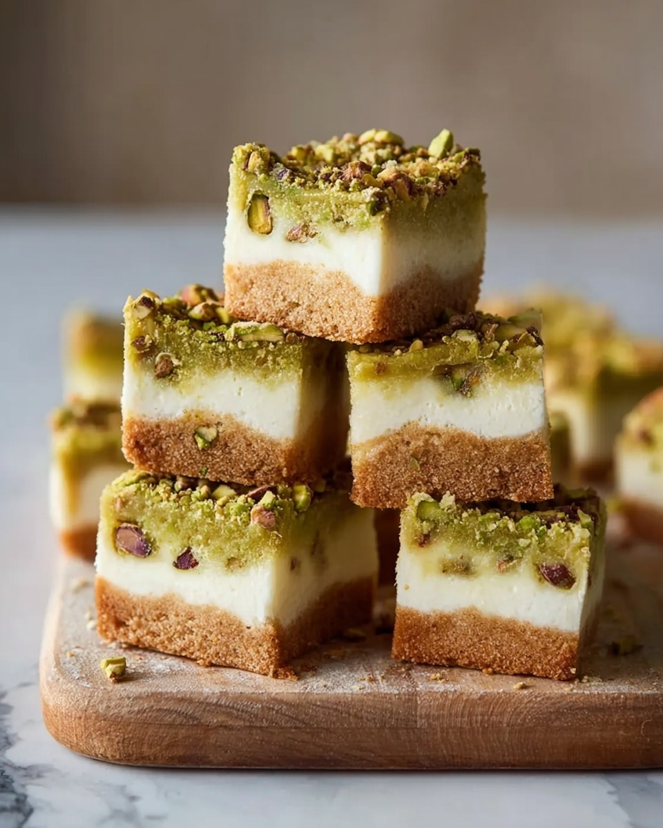 The image shows three square-shaped dessert bars stacked on a white marbled surface. Each bar has three clear layers: the bottom layer is a crumbly brown crust, the middle layer is a smooth, creamy white filling, and the top layer is green with swirled white patterns and a slightly crumbly texture. The top is sprinkled with small chopped pistachio pieces, adding texture and color contrast. The bars are well-lit and the close-up view emphasizes the creamy and crumbly textures in the layers. Photo taken with an iphone --ar 4:5 --v 7