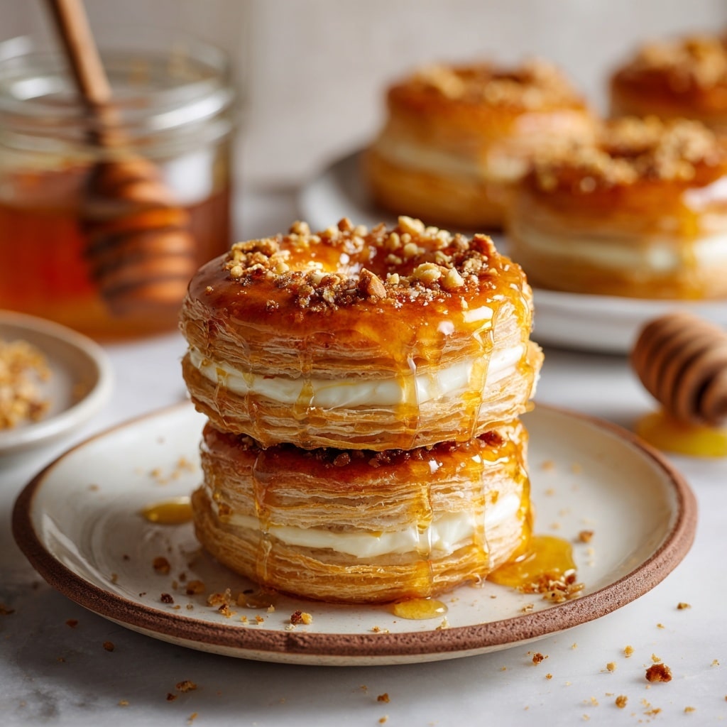 A stack of four round layered pastries sits on a white plate with a subtle brown rim, placed on a white marbled surface. Each pastry has multiple thin, crispy golden-brown layers with a creamy white filling in the middle layer. The top layers are glossy with a golden honey glaze dripping down the sides, sprinkled with small crushed nuts. In the softly blurred background, more pastries and a jar of honey with a wooden dipper add to the warm, inviting scene. Photo taken with an iphone --ar 4:5 --v 7