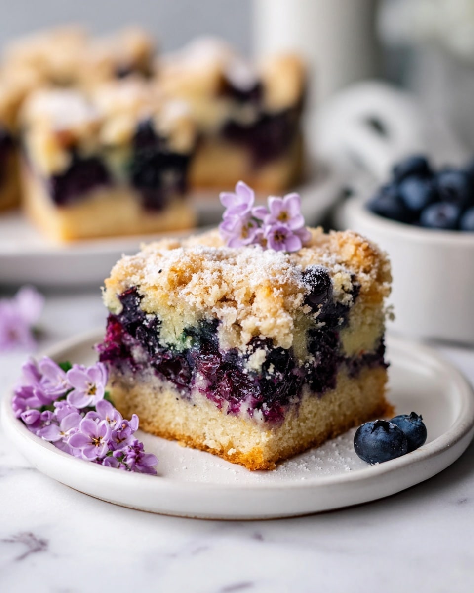 The image shows a thick square slice of blueberry crumb cake on a white plate, placed on a white marbled surface. The cake has three visible layers: a light golden brown base with a soft texture, a middle layer full of dark purple and blue blueberries soaked into the cake, and a crumbly, golden brown topping with scattered powdered sugar. Small purple flowers lie next to the plate adding a delicate touch to the scene. In the blurred background, more pieces of the same crumb cake and a small white bowl of fresh blueberries are visible. Photo taken with an iphone --ar 4:5 --v 7