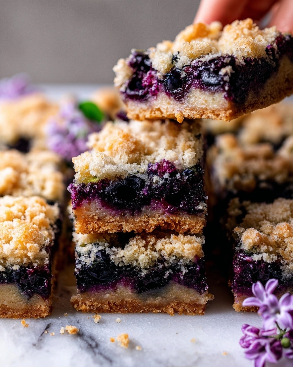 The image shows several square pieces of blueberry crumb bars stacked together on a white marbled surface. Each bar has three visible layers: a light brown crumbly crust at the bottom, a thick dark purple blueberry filling in the middle with whole blueberries visible, and a golden crumb topping scattered unevenly on top. One bar is held up by a woman's hand, tilted slightly, showing the soft and moist texture of the cake layer mixed with juicy blueberries and crumbly topping. There are a few small purple flowers near the bars as decoration. Photo taken with an iphone --ar 4:5 --v 7