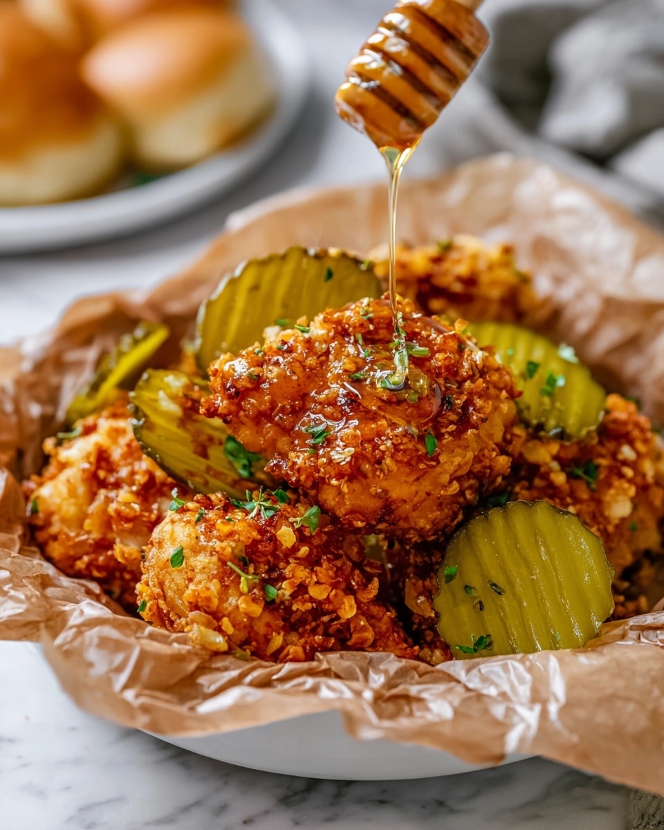 The image shows golden brown crispy chicken pieces with a rough, crunchy texture on their surface arranged on crumpled parchment paper inside a white bowl. The chicken is topped with small green herb bits and surrounded by sliced green pickles with ridged edges. Honey is being drizzled over the top of the chicken from a wooden honey dipper held above it, adding a shiny glaze to the warm, textured pieces. In the blurred background, there is a white plate with soft bread rolls, all set on a white marbled surface. photo taken with an iphone --ar 4:5 --v 7