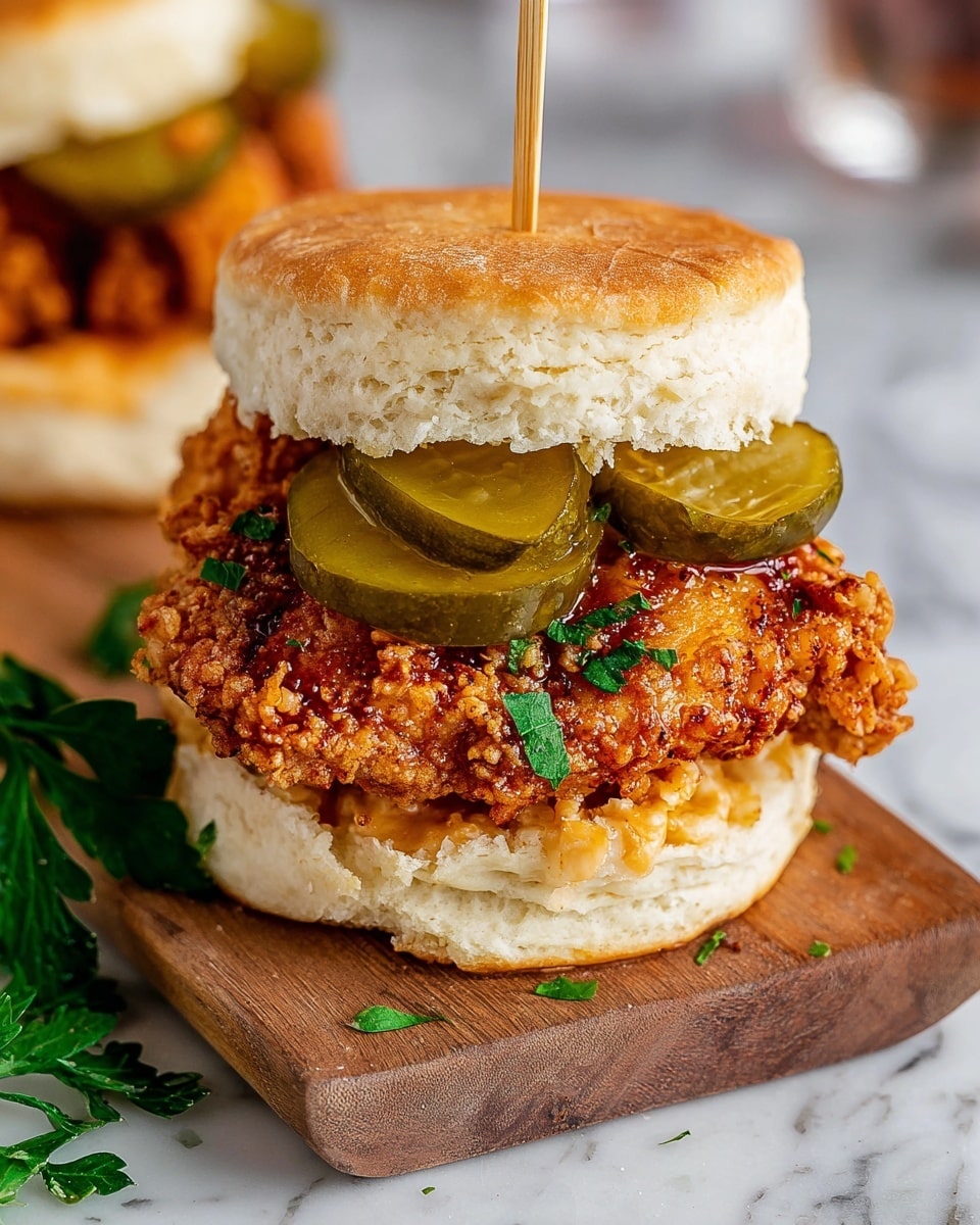 This image shows a crispy fried chicken sandwich with three main layers. The bottom layer is a soft, lightly toasted white biscuit with a smooth, slightly flaky texture. On top of that is a thick piece of fried chicken, golden brown and crunchy with some crumbs visible, and small green herb pieces sprinkled on it. Above the chicken are two dark green pickle slices with a shiny, wet look from the juice. The sandwich is topped with another white biscuit, slightly puffed and golden on top. The sandwich is held in place with a small wooden skewer, and it is resting on a wooden board with some green parsley leaves around it, set on a white marbled surface. Photo taken with an iphone --ar 4:5 --v 7