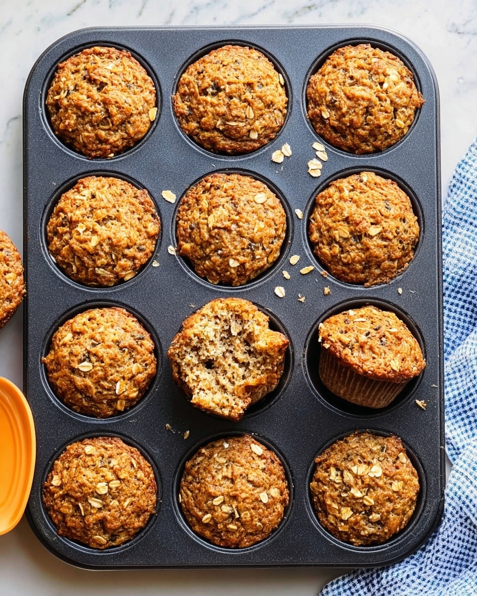 A black muffin tray holds twelve round muffins with a textured top showing visible oats and small seeds throughout, giving a rough and hearty look. Eleven muffins are whole with golden brown and slightly darker edges, while one muffin near the center is partially eaten, exposing a dense, moist interior filled with oats and seeds in shades of brown and beige. The tray sits on a white marbled surface, and the top right corner shows a bit of a blue and white checkered cloth. Photo taken with an iphone --ar 4:5 --v 7
