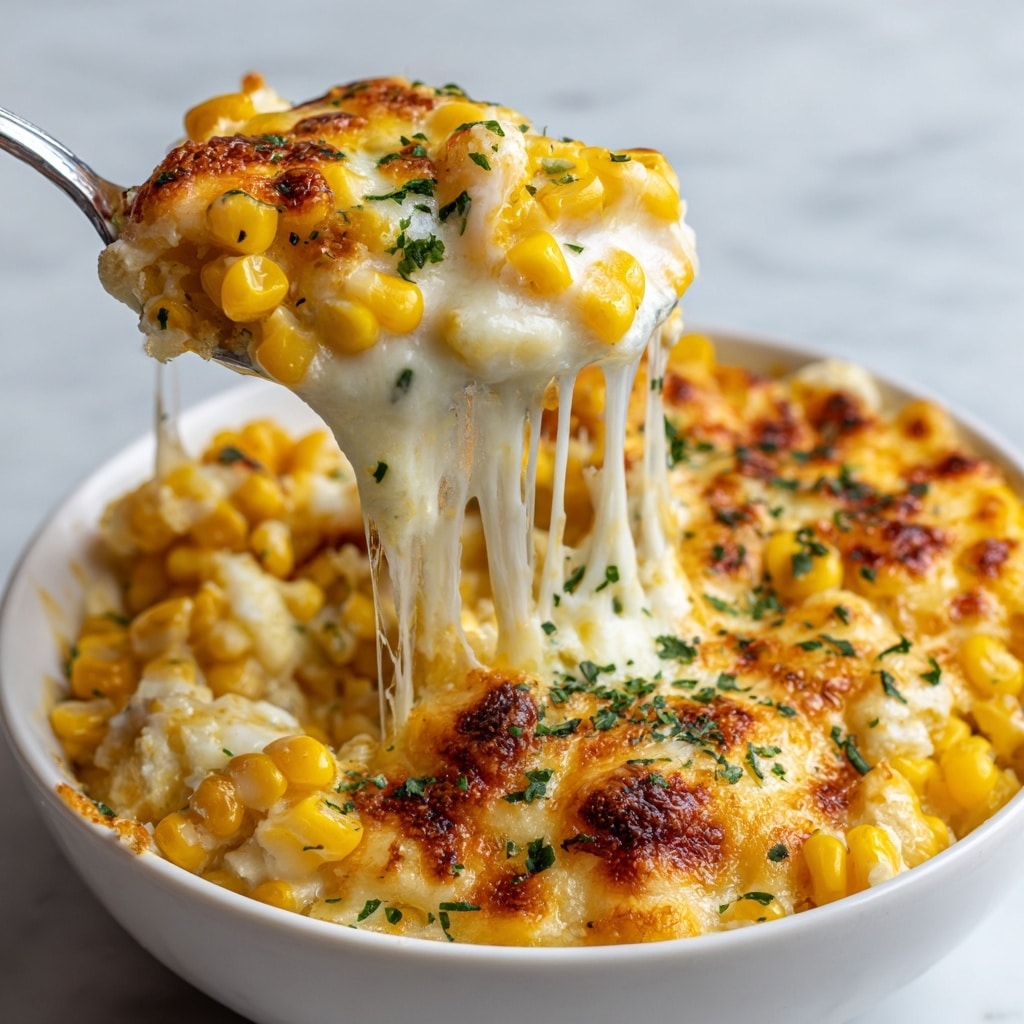 A close-up of a cheesy corn casserole served in a white bowl, showing three main layers: a shiny golden brown crispy top with toasted breadcrumbs and green parsley bits, a middle gooey white melted cheese layer stretching as it’s scooped, and a bottom layer filled with bright yellow corn kernels mixed with the cheese. The spoon lifting the casserole reveals the creamy texture and melted cheese dripping, all against a white marbled surface. photo taken with an iphone --ar 4:5 --v 7