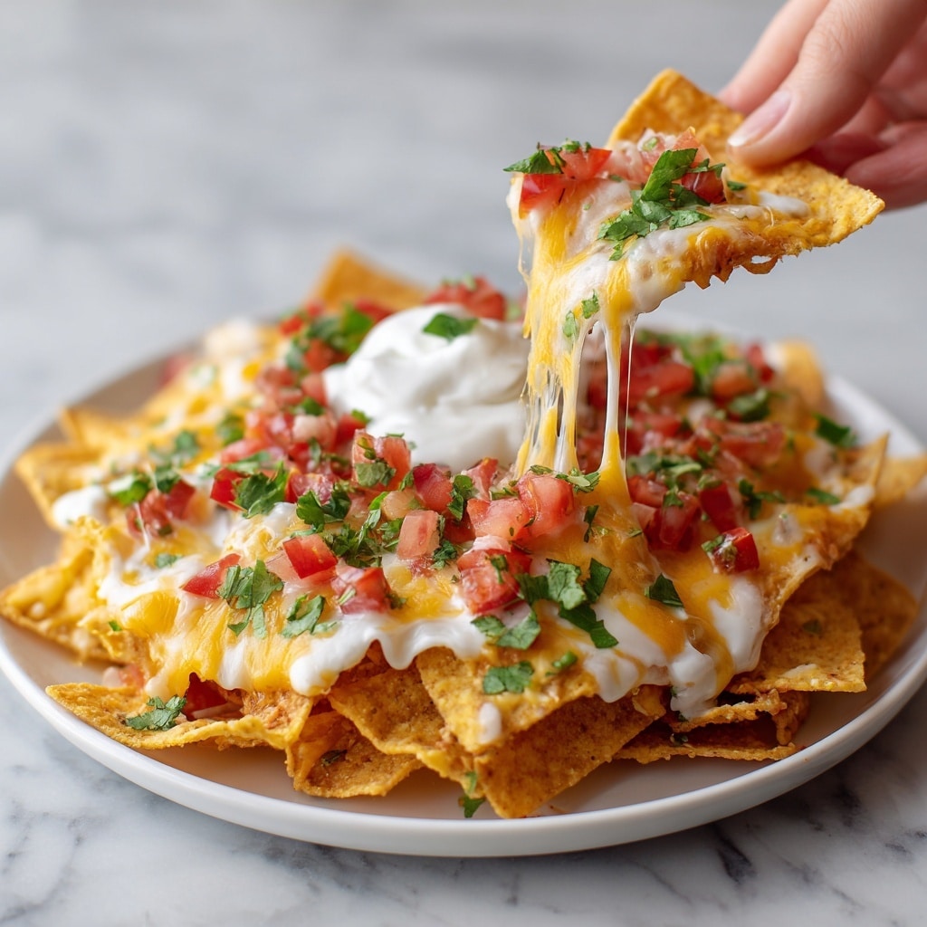 The dish is a white square dish filled with layered nachos. The bottom layer is crispy golden-yellow tortilla chips peeking from the edges. On top of the chips is shredded chicken covered with melted, stringy cheese in pale yellow and white colors. Small red diced tomatoes and green cilantro pieces are scattered over the cheese. There is a dollop of white sour cream sitting on the cheese near the front. A woman's hand is lifting some nachos, showing the stretchy cheese pulling up in long strands. The background is softly blurred with warm tones, and the dish sits on a white marbled surface. Photo taken with an iphone --ar 4:5 --v 7