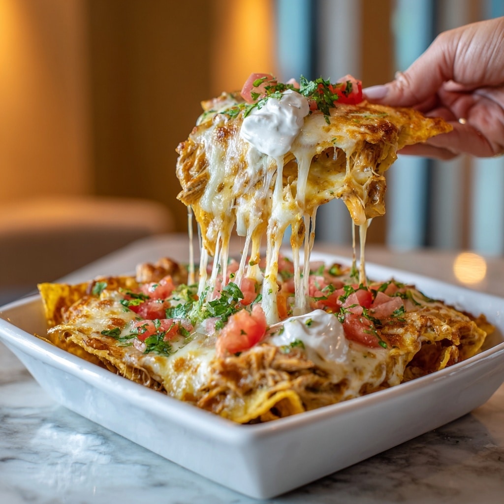 A white round plate filled with nachos stacked in one thick layer at the bottom, covered with a mix of melted yellow and white cheese that is stretchy and gooey, topped with small chunks of red diced tomatoes and green chopped cilantro sprinkled evenly. The nachos are crispy light yellow tortilla chips arranged in a messy pile, with a scoop being lifted by a woman's hand, showing strings of melted cheese pulling up from the plate. There is a dollop of smooth white sour cream in the center of the nachos and on the scoop being lifted. The background shows a white marbled surface. photo taken with an iphone --ar 4:5 --v 7