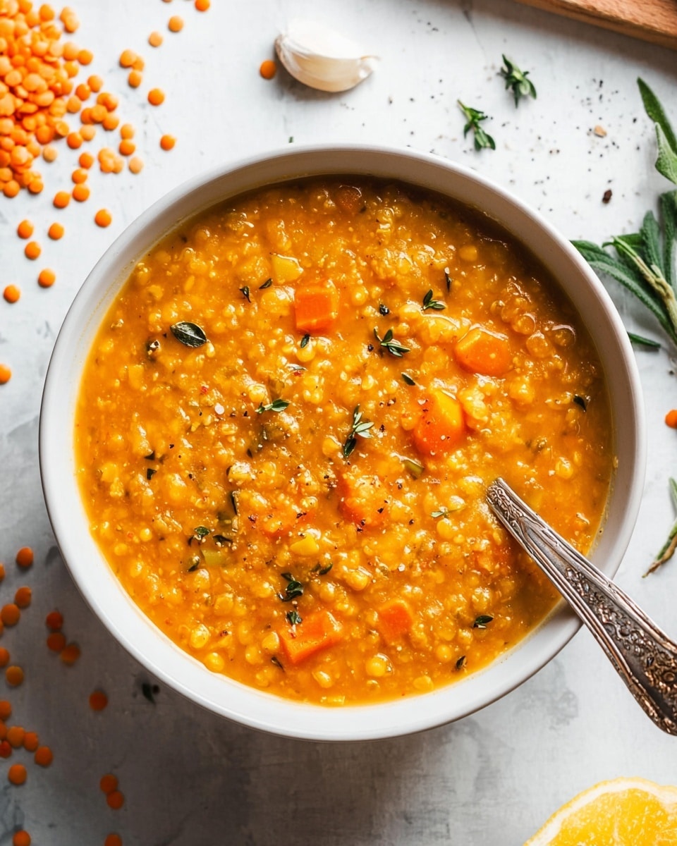 A close-up view of a single deep white bowl filled with thick orange lentil soup, showing a chunky texture with visible small lentils and diced orange carrots throughout. Fresh green herb sprigs are scattered on top, adding a touch of color. A silver spoon with detailed engraving holds a scoop of the soup inside the bowl, resting on the right side. The bowl is placed on a white marbled surface with scattered uncooked orange lentils, a garlic clove, and sprigs of fresh green herbs around it. Photo taken with an iphone --ar 4:5 --v 7