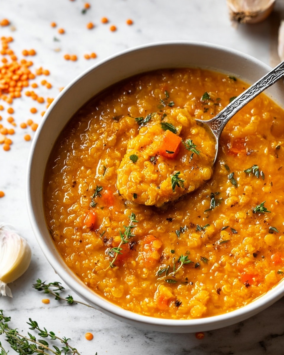 A close-up of a thick, orange lentil soup served in a white bowl, filled to the brim with a chunky texture made of lentils, small carrot pieces, and herbs. The soup has a glossy surface with sprigs of fresh green thyme scattered on top, adding a touch of contrast. A detailed silver ladle rests inside the bowl, partially submerged in the soup, showing the rich, dense consistency. Around the bowl, tiny orange lentils and a garlic clove rest on a white marbled surface, and fresh thyme sprigs lie on the top right side. A bright yellow lemon is partially visible at the bottom right corner. photo taken with an iphone --ar 4:5 --v 7