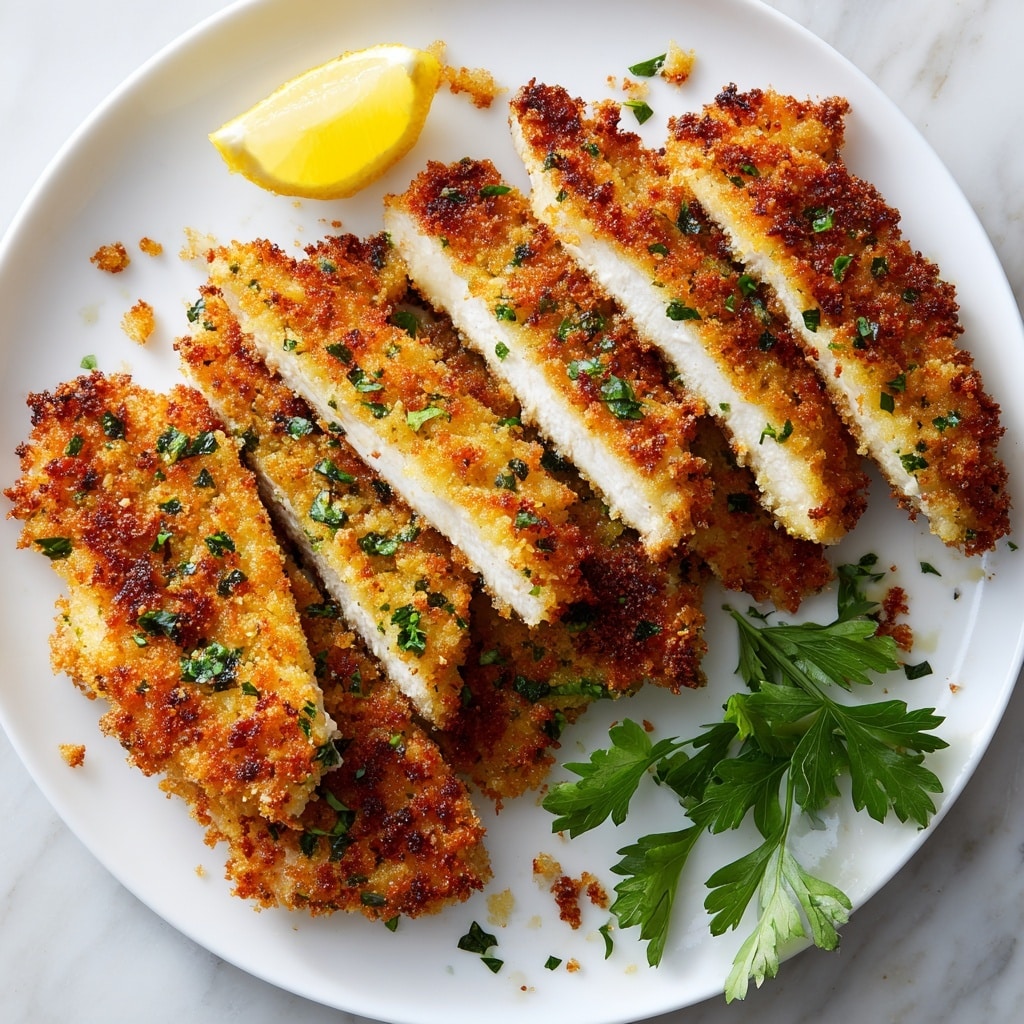 A white plate holds five pieces of crispy breaded chicken cut into strips, revealing the white, tender meat inside. Each piece has a thick, golden-brown breadcrumb crust with bits of green herbs sprinkled throughout, giving a crunchy texture. Small crumbs of the crust are scattered around the plate, adding to the rustic look. There is a sprig of fresh green parsley at the bottom right corner and a lemon wedge at the top left corner, both placed on a white marbled surface. The photo taken with an iphone --ar 4:5 --v 7