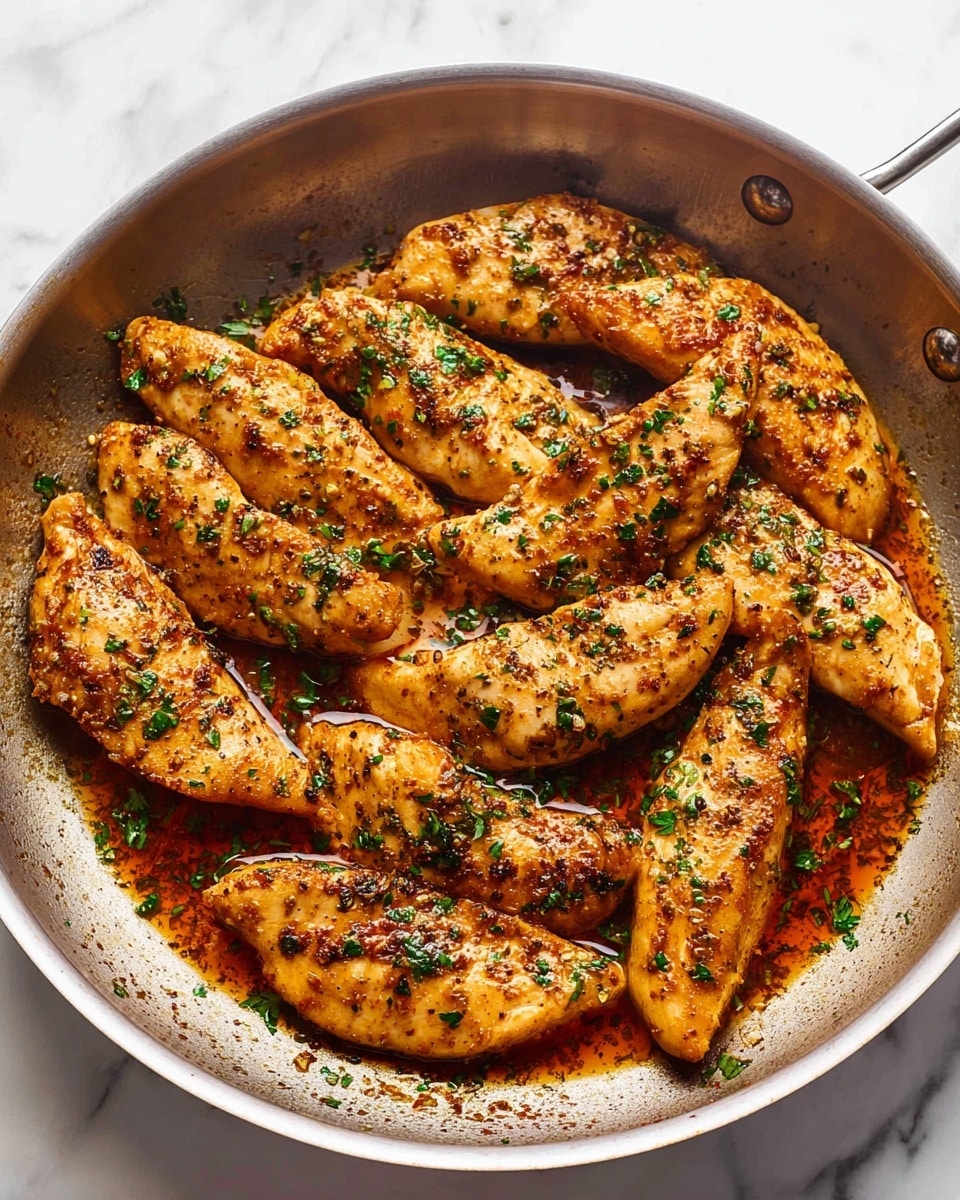 A round pan filled with cooked chicken breasts arranged close to each other, each piece golden brown with a slightly crispy texture, coated in a layer of reddish-orange sauce with visible oil and seasoning bits. The chicken pieces are sprinkled with chopped fresh green herbs, adding a touch of color contrast to the warm tones of the meat and sauce. The pan’s interior shows a mix of browned bits of cooked spices and herbs settled between the chicken pieces on a shiny metal surface. The background is a white marbled texture. photo taken with an iphone --ar 4:5 --v 7