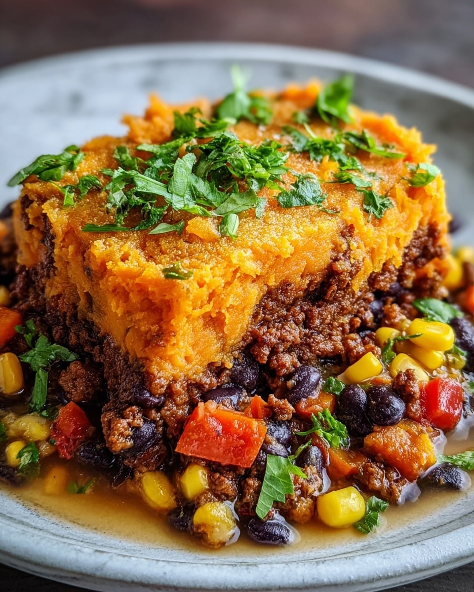 A close-up of a white plate with a two-layer dish: the top layer is a thick, golden-yellow mashed sweet potato crust sprinkled with fresh green chopped herbs, slightly crispy on the edges; beneath is a dark brown, crumbly ground meat layer, clearly visible and moist; next to it, on the same plate, is a stew portion with shiny black beans, bright yellow corn kernels, chunky orange sweet potatoes, diced red bell peppers, and bits of red onion, all mixed in a rich, brown broth with fresh green herb leaves scattered on top. The dish is set on a white marbled textured surface. photo taken with an iphone --ar 4:5 --v 7
