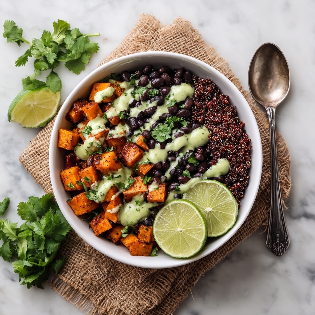 A white bowl filled with three main layers starting from the bottom with a base of red quinoa grains providing a textured, deep red layer, followed by a middle layer of black beans scattered thickly with their shiny, smooth surface creating contrast, and topped with cubes of bright orange roasted sweet potatoes that have a slightly crispy exterior. A light green sauce is drizzled unevenly over the top, adding a creamy, fresh look. Fresh green cilantro leaves are scattered on top and around the edges, and two lime wedges are placed centrally on the sweet potatoes for a pop of yellowish-green color. The bowl is set on a piece of brown burlap fabric over a white marbled surface with some fresh cilantro leaves and a half lime nearby. A silver spoon lies beside the bowl. photo taken with an iphone --ar 4:5 --v 7