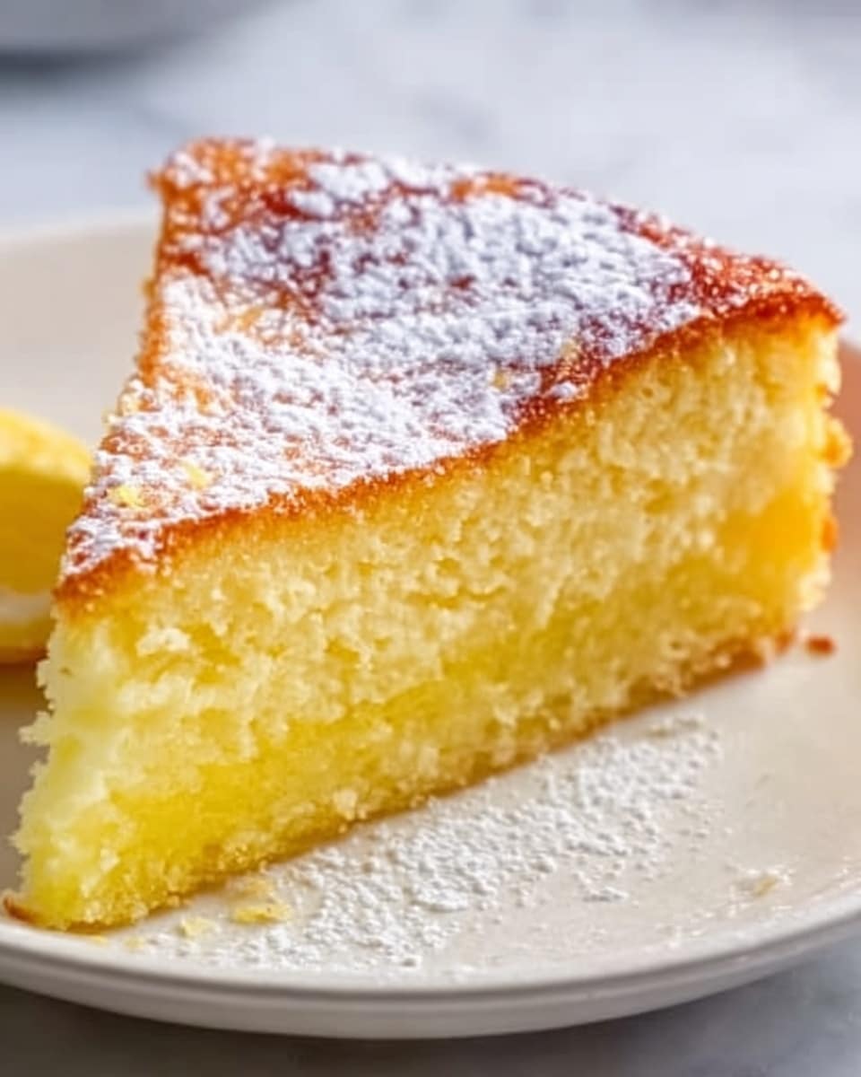 A close-up of a single slice of cake on a white plate, showing three layers: a light golden brown top with a slight crust and some sugar dusted on it, a thick middle layer that is soft and yellow with a moist texture, and a thin bottom layer that looks slightly denser and pale yellow. The slice is set on a white marbled surface, with soft natural light highlighting the moistness and crumbly texture of the cake. Photo taken with an iphone --ar 4:5 --v 7