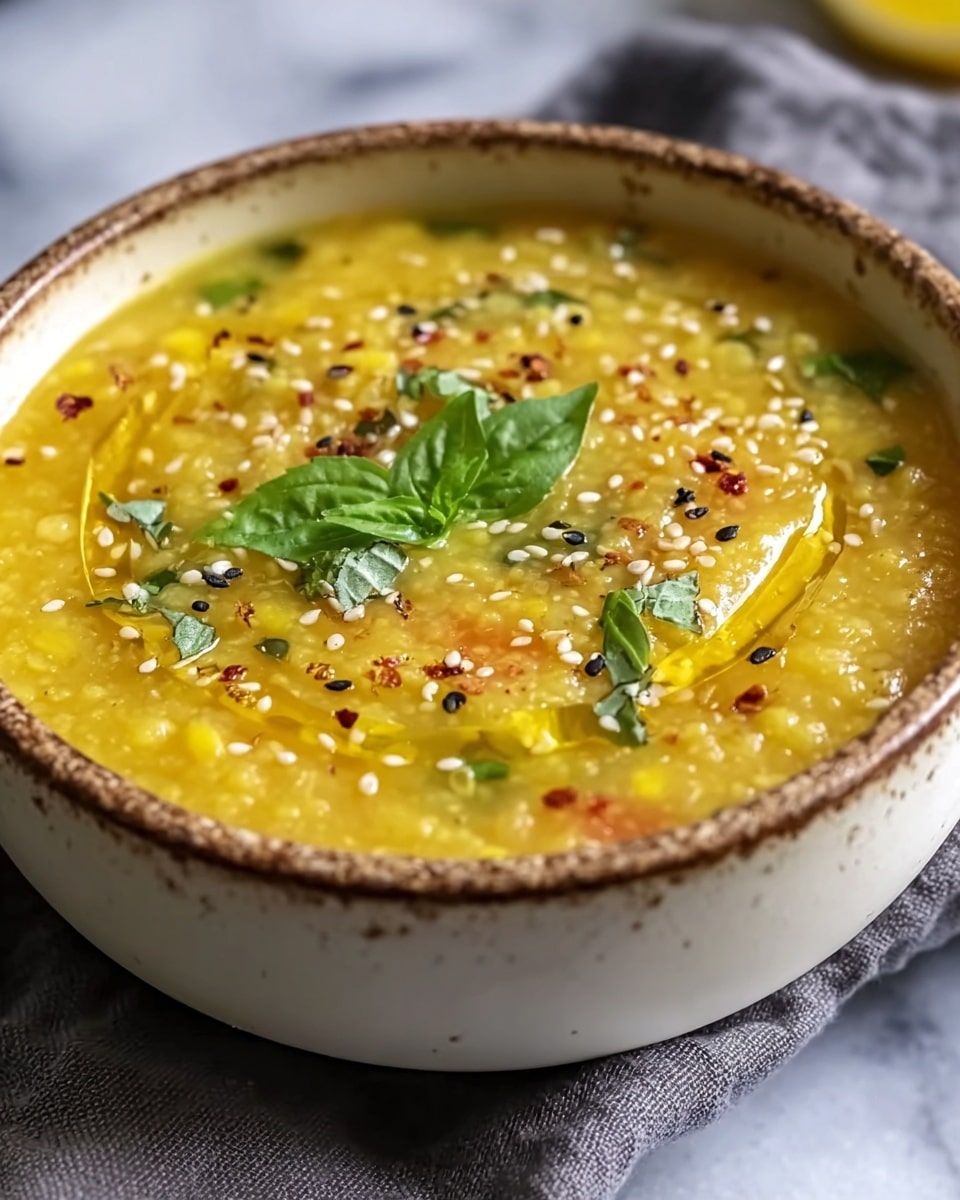 A close-up of a bowl filled with a thick yellow lentil soup. The soup has a slightly grainy texture with visible lentils throughout. On top, there is one thin round slice of lemon placed in the center, sprinkled with red chili powder and small green herb pieces. Fresh green mint leaves rest on the lemon slice, adding a pop of color. The bowl is white with a thin brown rim, sitting on a white marbled surface with a textured white cloth partially showing. Photo taken with an iphone --ar 4:5 --v 7